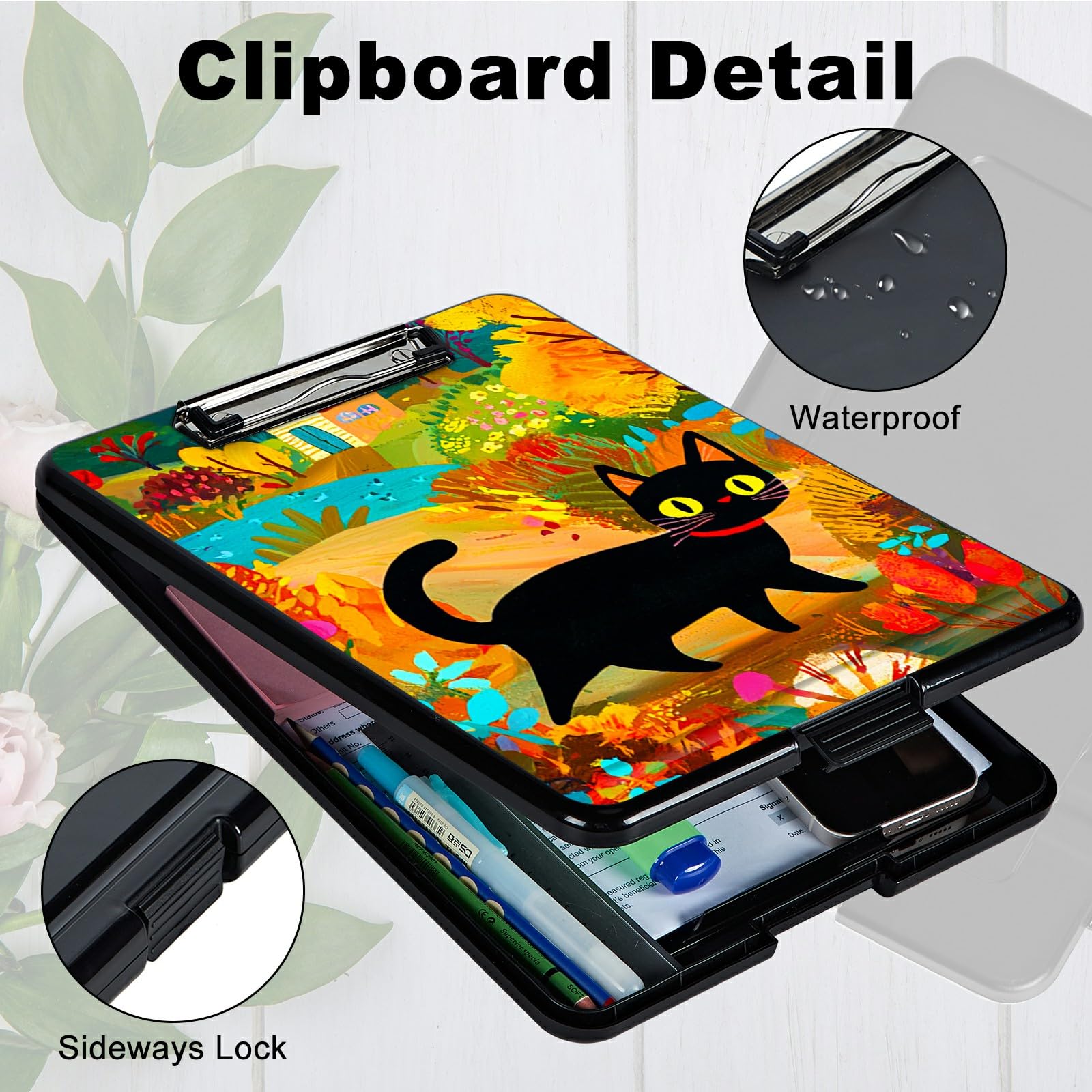 RWUTYTIUL Black Cat in Autumn A4 Clipboard with Storage Pen Holder, Clipboards Organizer Nursing Clipboard Foldable File Folder Plastic Clipboard Folio Clip Board for Office Students Classroom Doctor - Image 3