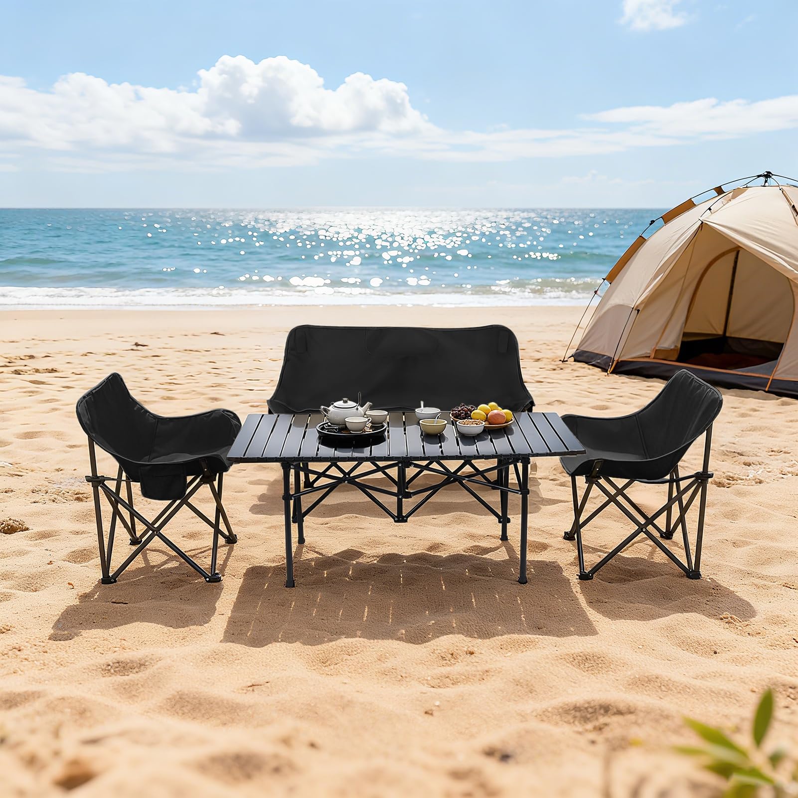 Canapé de Camping 2 Places, Set 4 Pièces avec Table et Fauteuils Pliables
