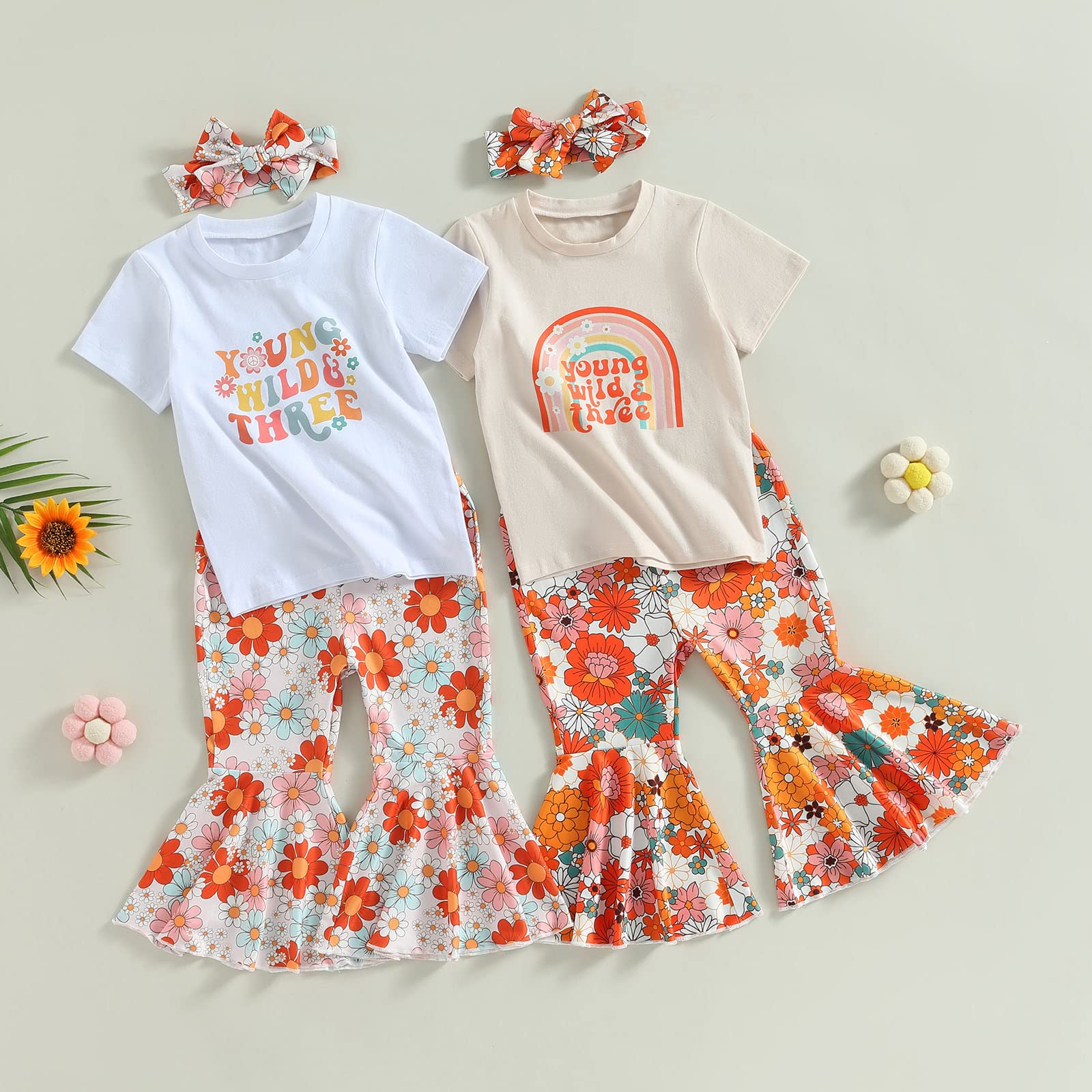 SAYOO Conjunto de 3 piezas de verano para niñas pequeñas, conjunto de cumpleaños con letras y borlas, diseño floral, pantalones largos acampanados