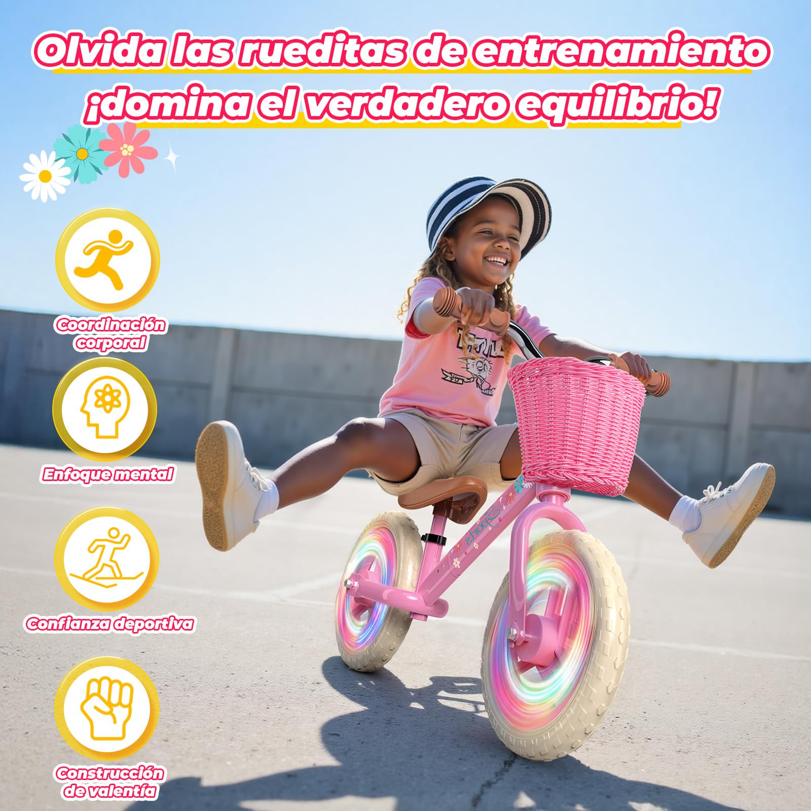 HappyGoLucky Bicicleta Niña 2-5 Anni, Bici Equilibrio Sin Pedales– Ruedas Luminosas/Altura Ajustable/Cesta De Tela, Bicicleta Equilibrio Juguetes Regalo Niños Niñas 2-5 Año Juegos Exterior