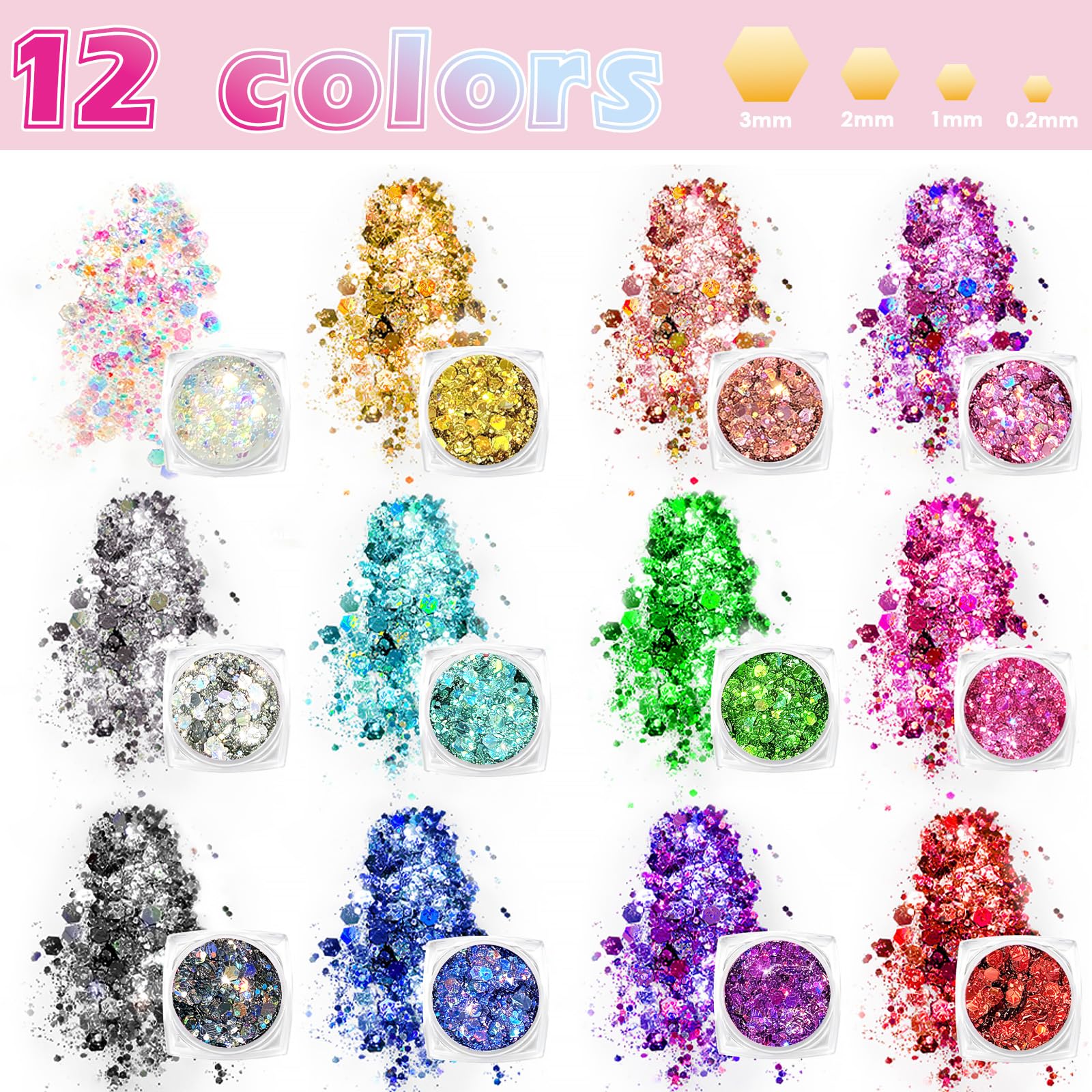 Glitter Viso Make up in Gel 12 colori Glitter per Corpo e Capelli Autoadesivo con Scintillii, Impermeabile 1 Fogli Adesivi con Strass per Trucco Professionale per Trucco Festival