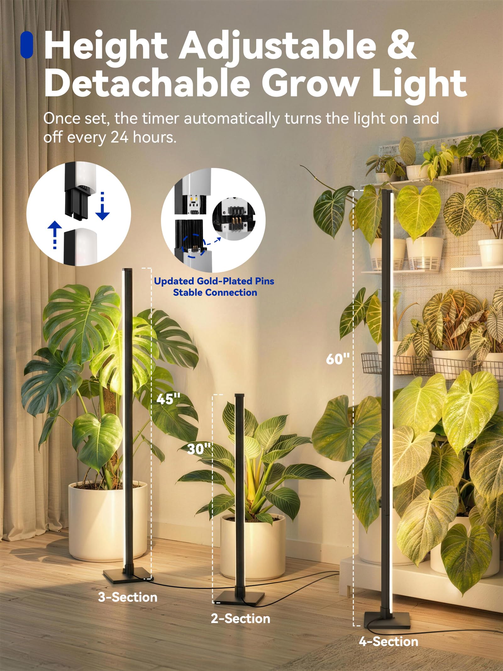GLOWRIUM - Lampe de culture sur pied pour plantes d'intérieur, lumière verticale à spectre complet de 60 pouces, 3 modes d'éclairage, minuterie automatique, réglable à 6 niveaux, adaptée pour la