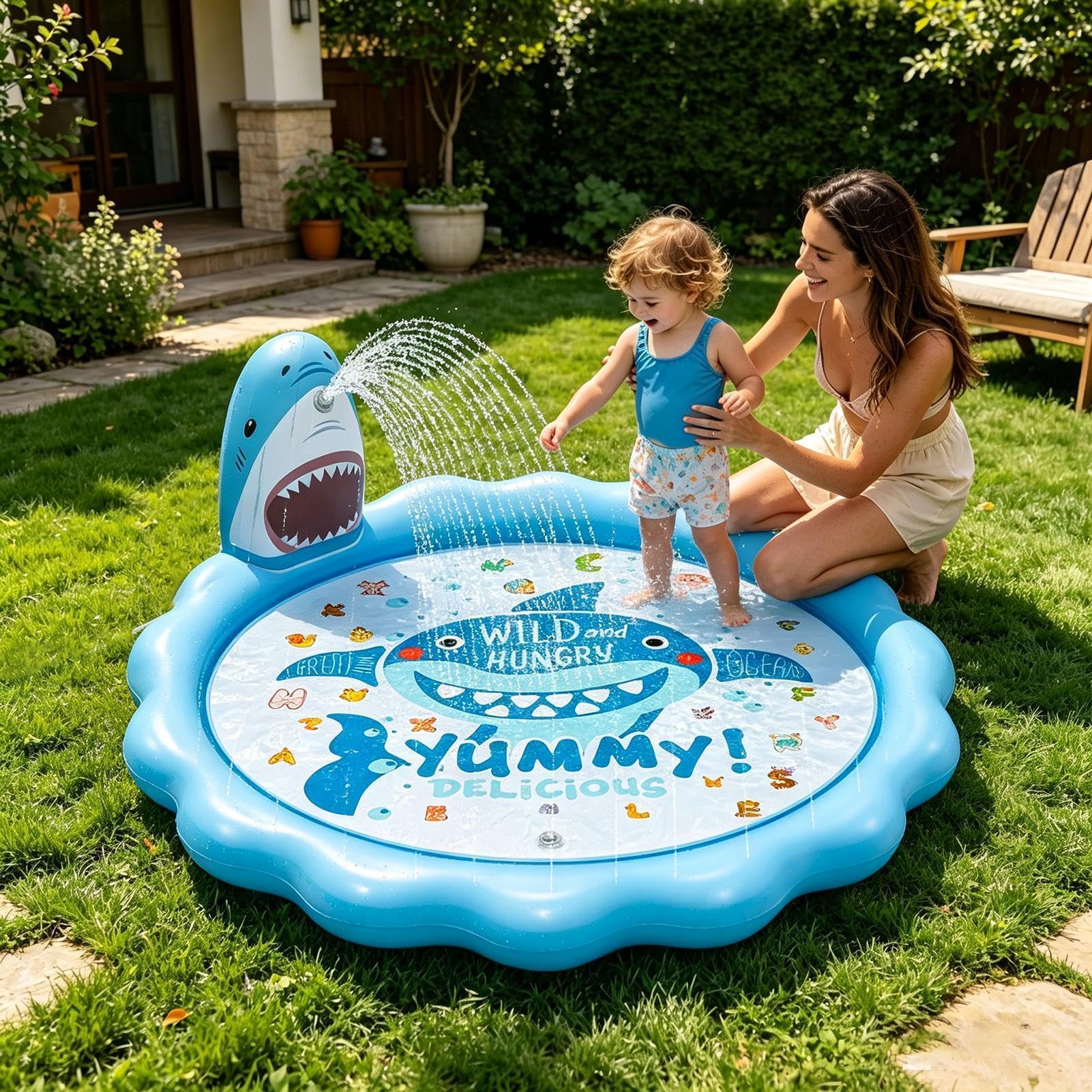 173cm Sprinklermatte Kinder Hai: XXL Wasserspielzeug Garten – Aufblasbares Planschbecken & Splash Pad mit Hai-Fontäne, Sommer Outdoor-Spaß für Jungene & Mädchen, Blau