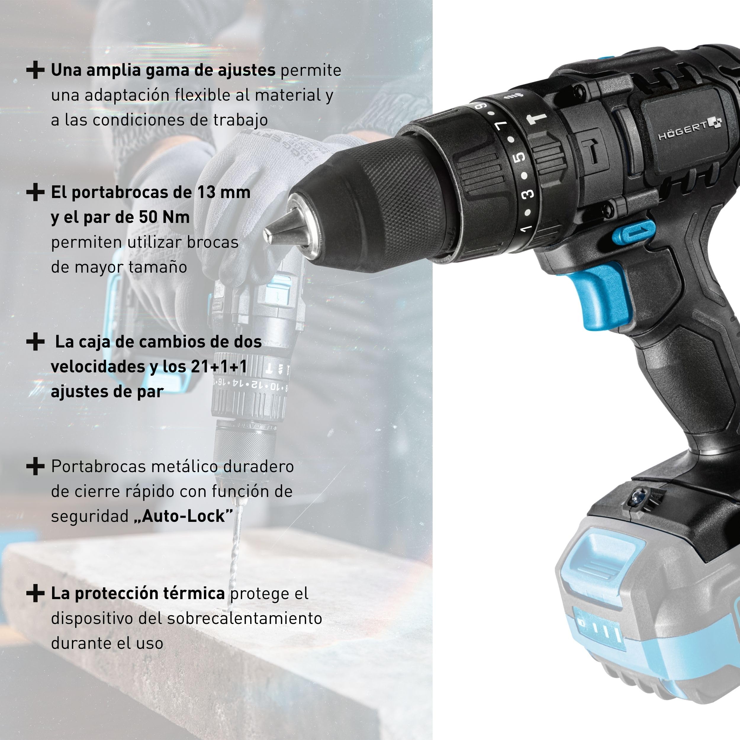HÖGERT TECHNIK - Juego de herramientas eléctricas a batería 18 V Taladro percutor Martillo perforador SDS+ Amoladora angular 125 mm 2 baterías de 4 Ah Cargador de 4 A Juego de herramientas