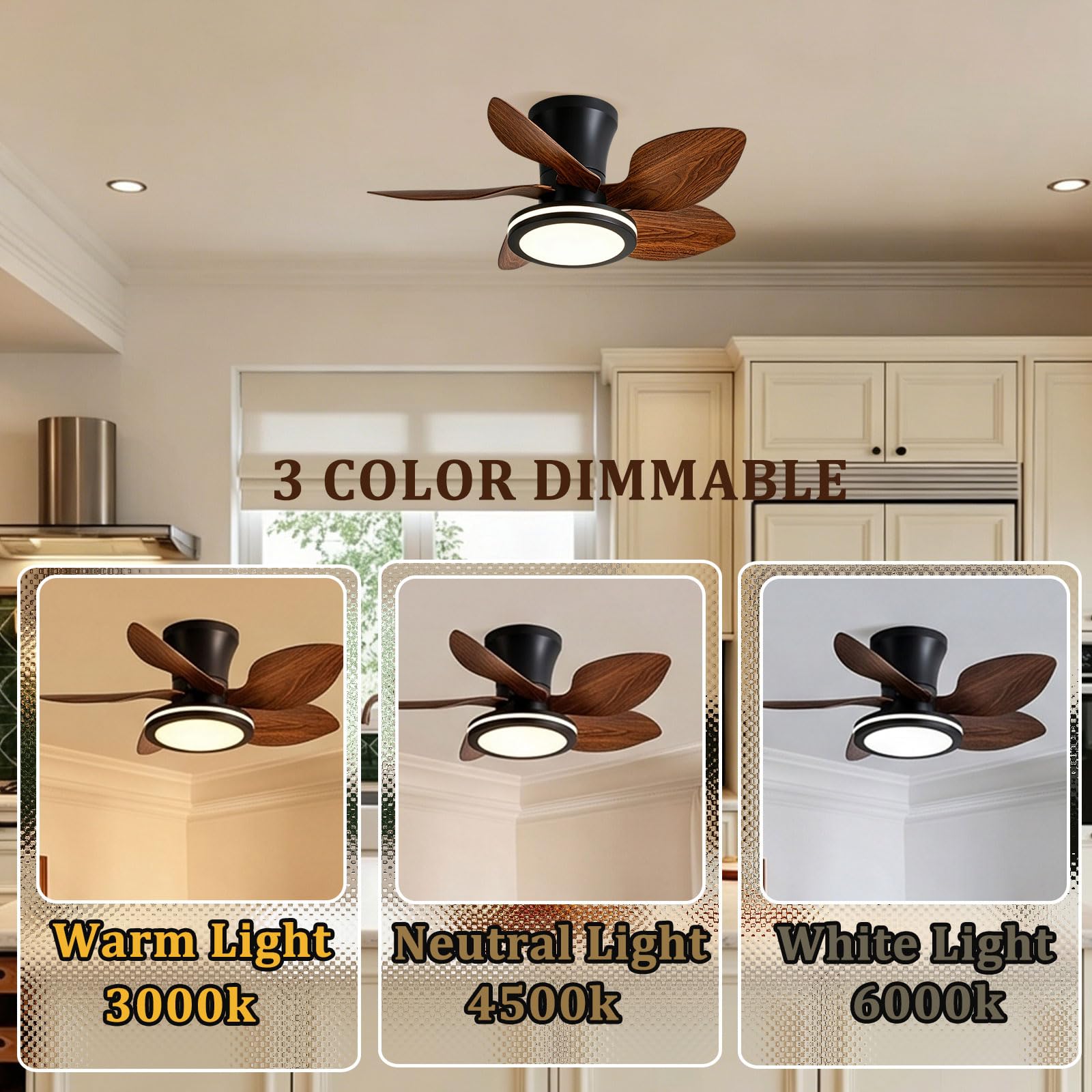 Ventilador de techo mini de 28" con 5 aspas y luz, silencioso e inteligente.