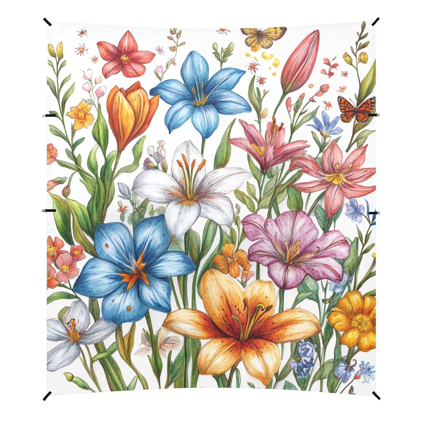 Fall Flowers Lily Flower Butterflies Bees White Beach Tent & Canopy UPF50+ Water-Resistant Sun Shade with Sand Shovel, Sandbags for Camping, Fishing, Backyard Fun