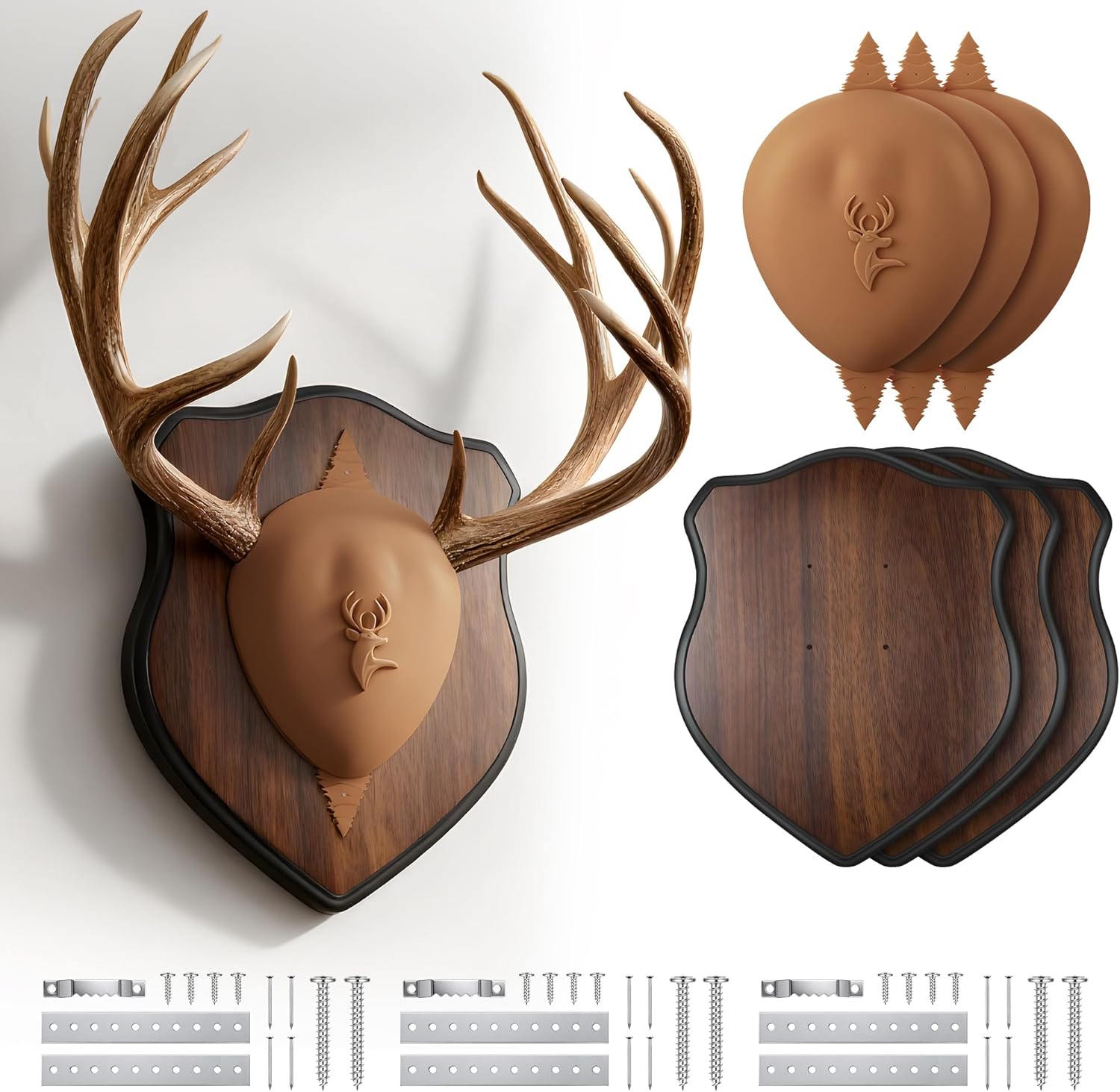 deer antler mounting kit, wood plaque antler mounting kit with silicone skull cover, hardware included(brown skull cover,3 pack) brown skull cover 3