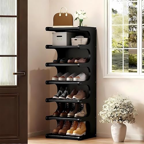 Miniatura 8 de Zapatero vertical de 7 niveles, estante de zapatos de bambú independiente, soporte de almacenamiento de zapatos, torre de zapatos para entrada,