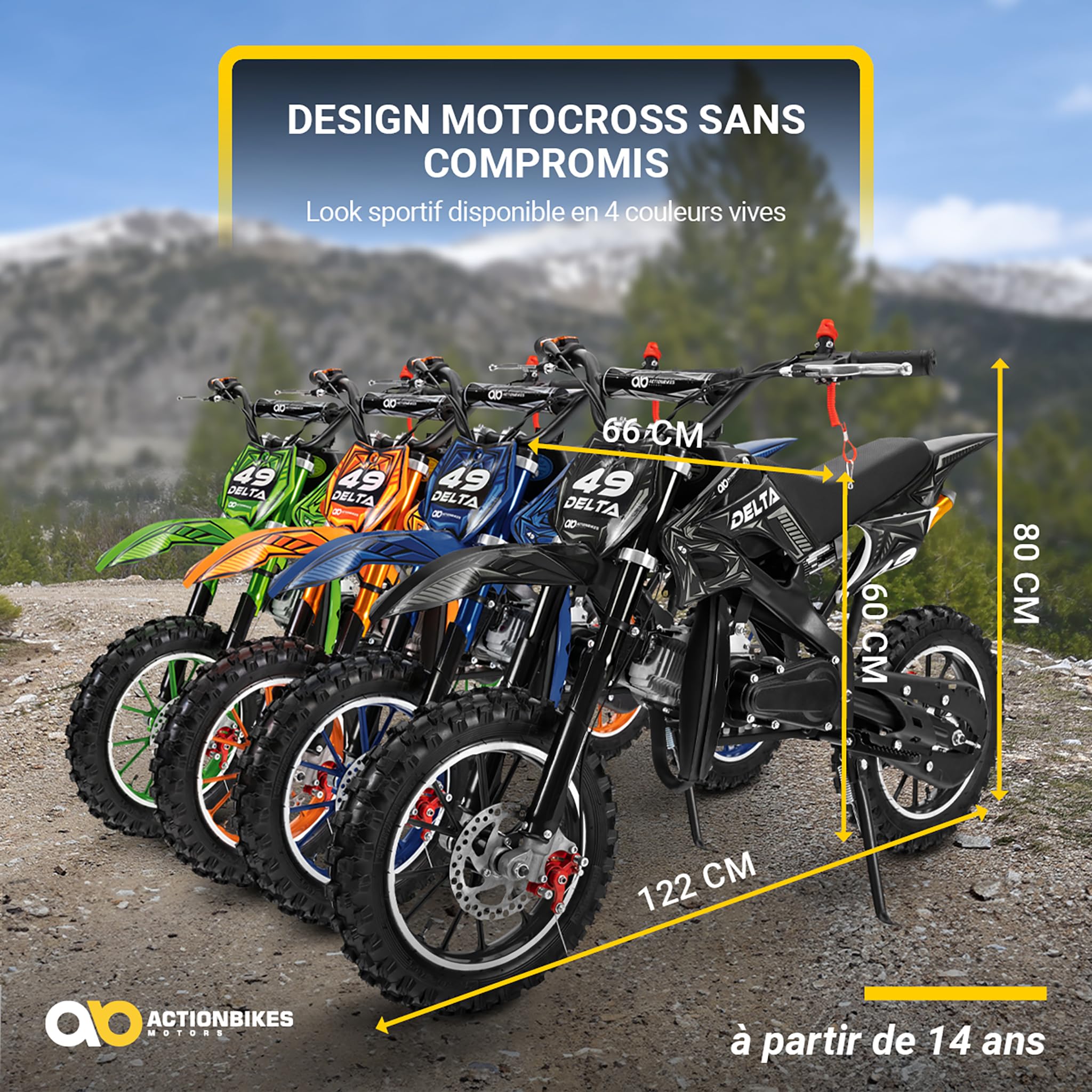Actionbikes Motors Mini Delta 49 CC Moto-Cross pour Enfants | Freins à Disque - Filtre à air Sport - Échappement Sport - Pneus à air - Pocket Bike - Moto - Motocross - Dirt Bike - Dirtbike (Noir)