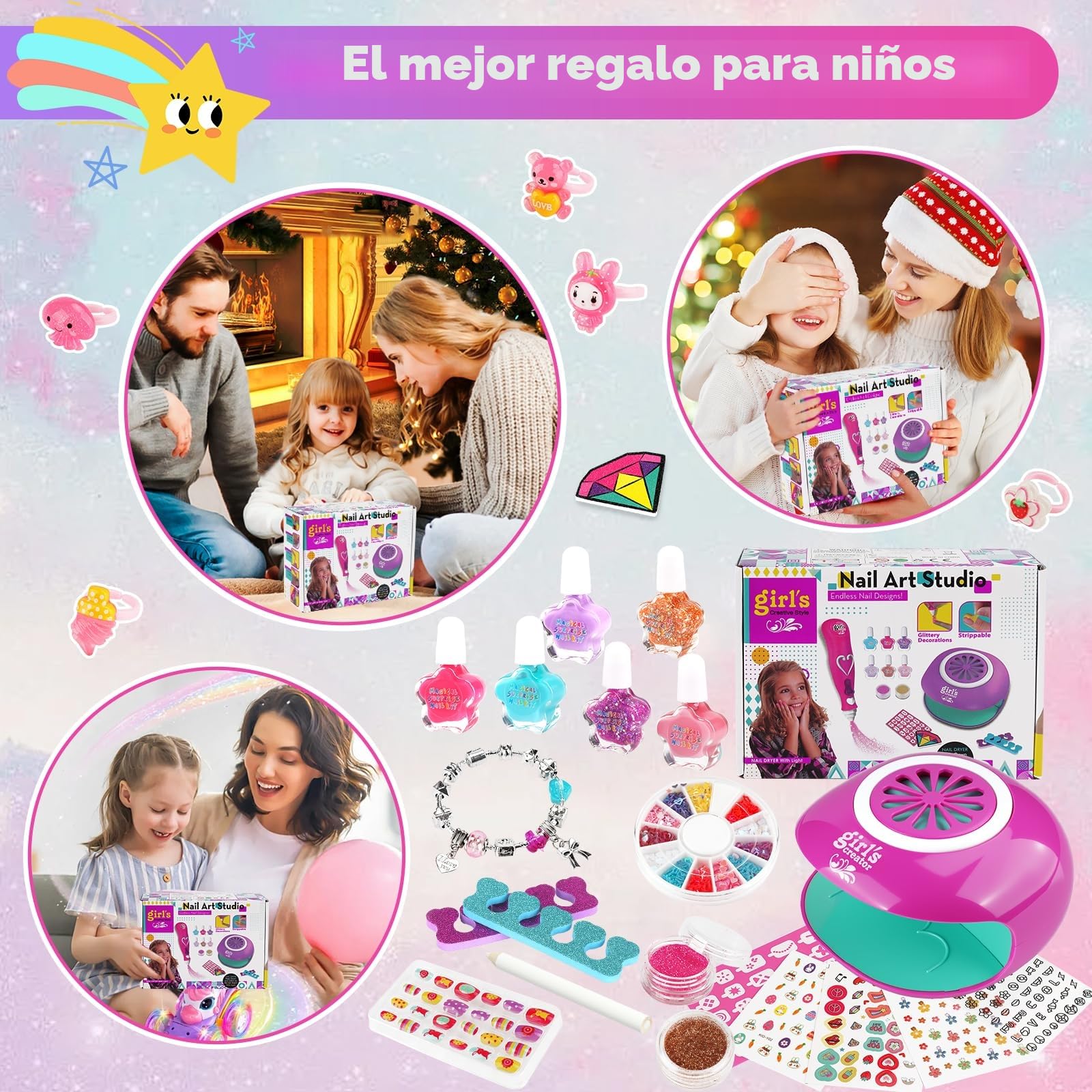 Set De Manicura Para Niña,Set Manicura Niñas,Kit de Arte de uñas para Niños con Secador de Uñas et Pegatinas,Kit Pintauñas para Niñas,Maquillaje Niña Regalo Cumpleaños 6 7 8 9 10 11 12 Años