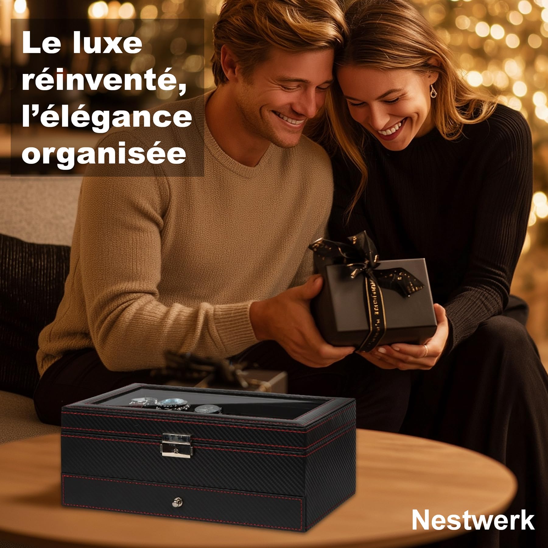 Boite a Bijoux Homme, Rangement Montres et Lunettes avec Grand Couvercle en Verre, 6 Emplacements et 2 Niveaux, Coffret Montre, Boîte à Montres avec Serrure, boite a montre homme, Idée Cadeau -Noir
