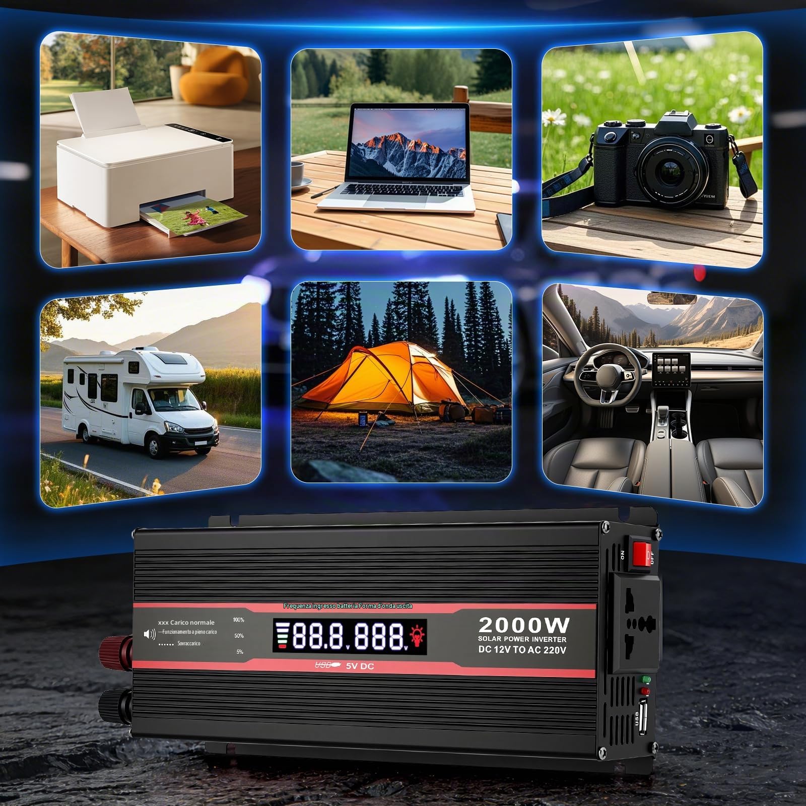 2000W Onda Sinusoidale Pura Power Inverter DC 12v in AC 220v Trasformatore Convertitore di Tensione con Display LCD Intelligente, EU Presa, porta USB e accendisigari per auto, camion, roulotte