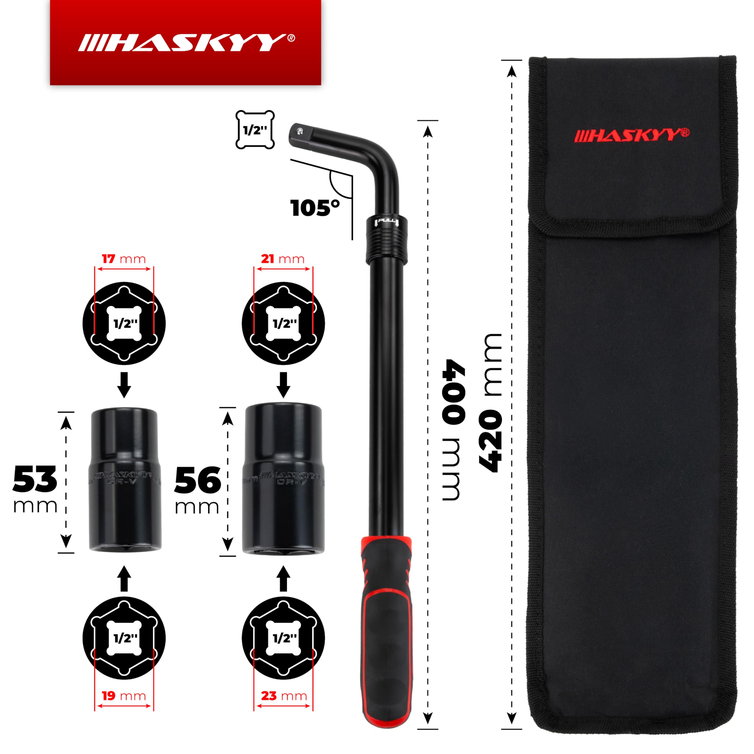 HASKYY Ensemble de clés télescopiques pour écrous de roue 355 – 530 mm extensibles 1/2 pouce, douilles 17/19 mm et clé à douille 21/23 mm, avec étui, couple de torsion 665 Nm
