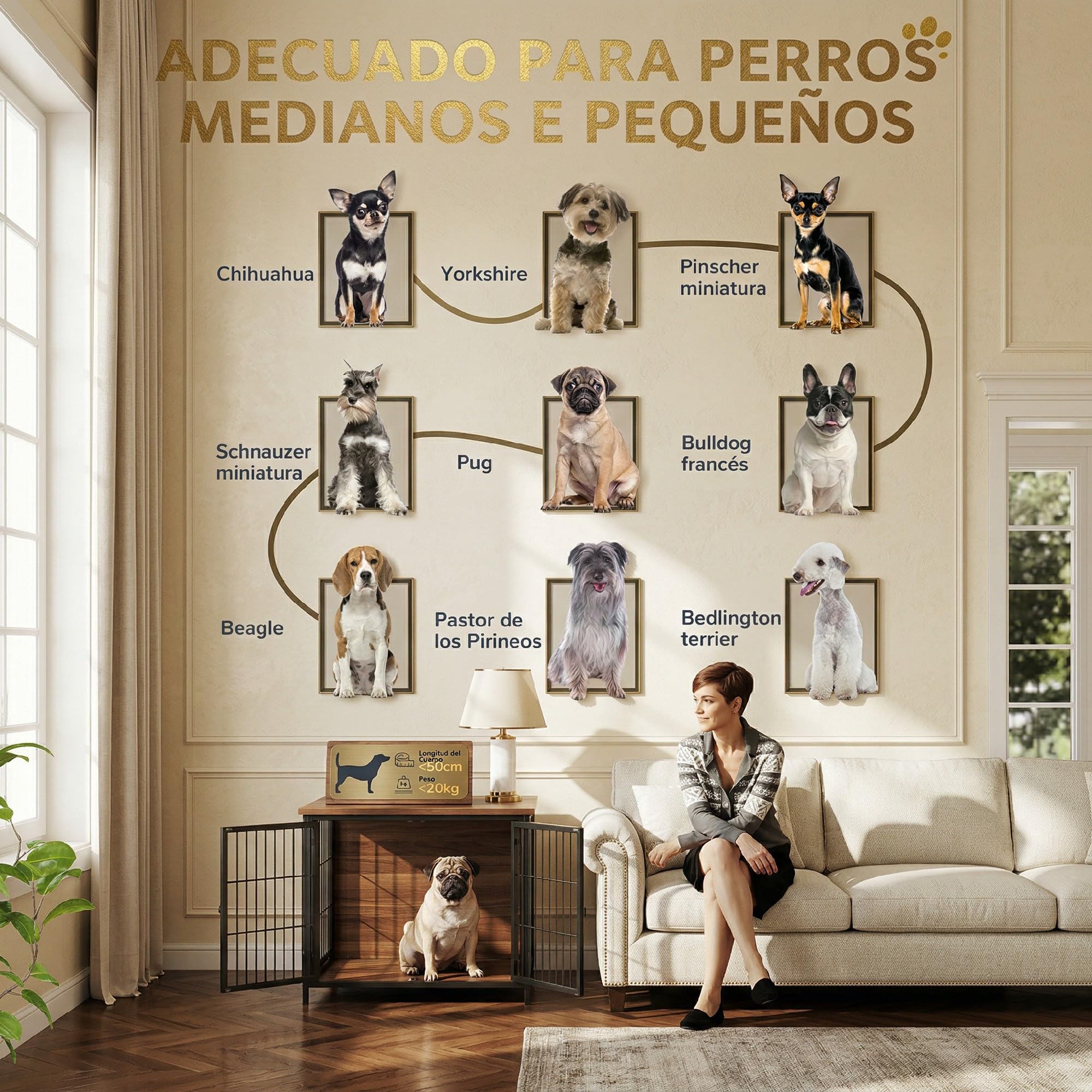 PawHut Jaula para Perros Casa para Mascotas con 2 Puertas y Mesa Auxiliar Moderna con Soporte Giratorio 2 Tazones y Estante de Almacenamiento Superior para Perros Medianos 80x56x76,5 cm Roble