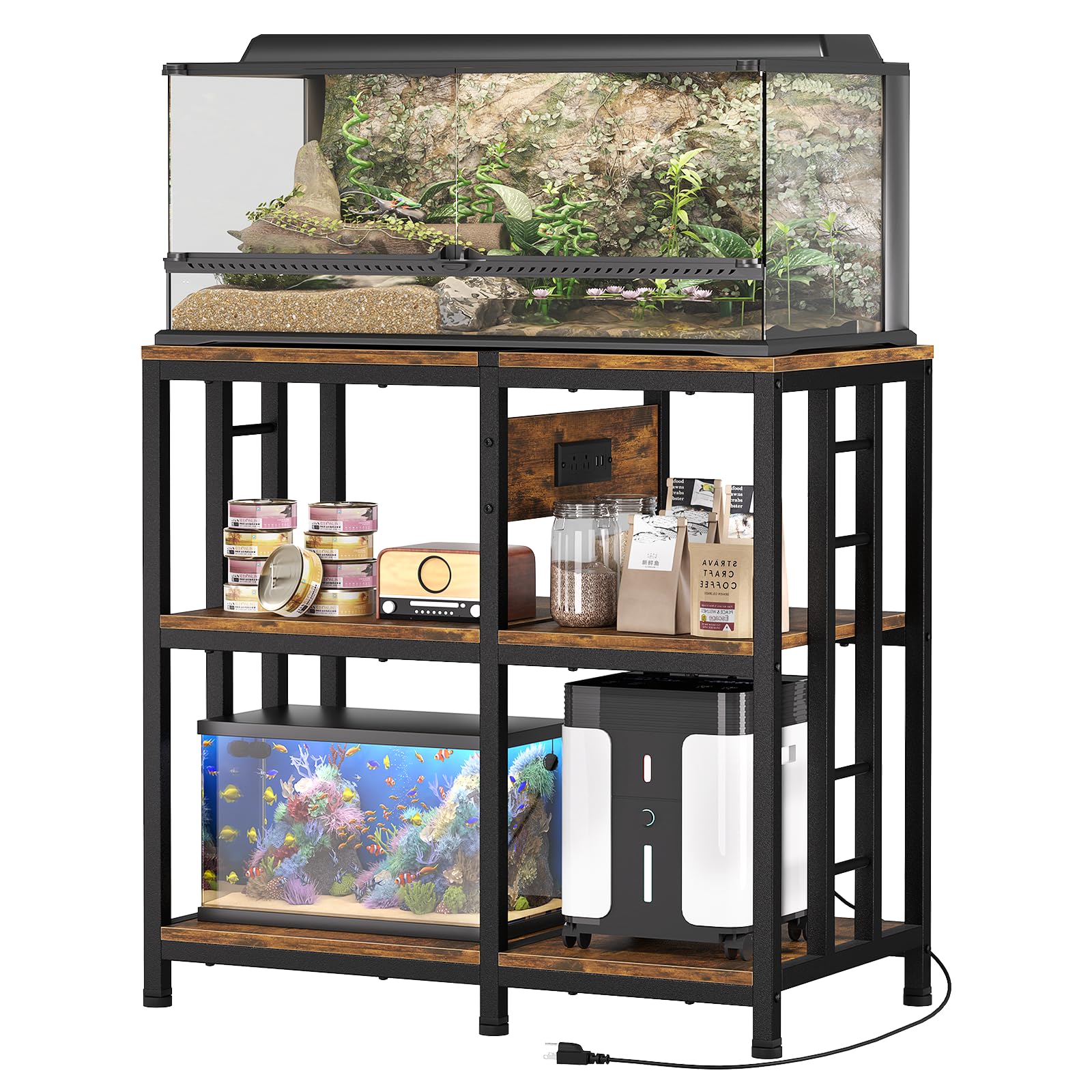 Supporto per acquario da 20 a 29 galloni con ciabatta di prese, supporto metallico a 3 livelli per acquario, 80 cm di lunghezza x 41,9 cm di larghezza, per acquari lunghi 90 litri, capacità 180