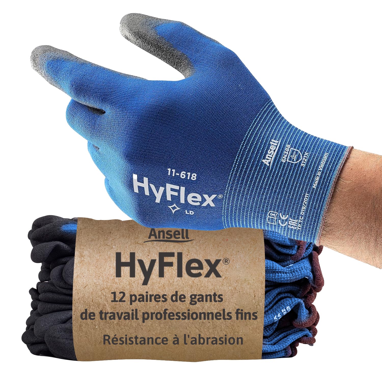 Ansell HyFlex 11-618, Gants de travail L pour manipulations de précision, Revêtement PU, Compatibles écran tactile, Bleus, 12 paires