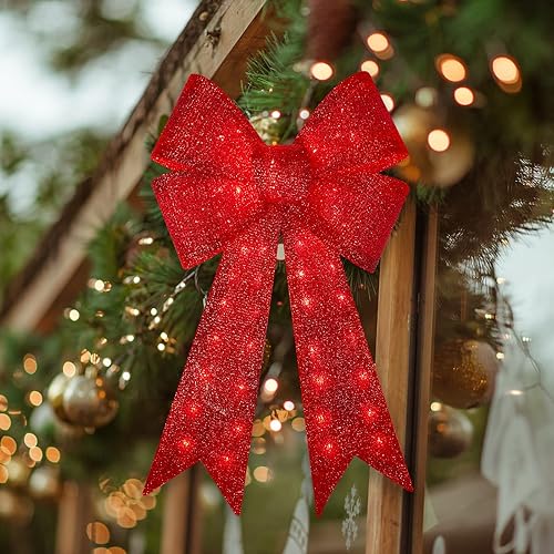 Arco de corona de Navidad de 40 pulgadas, lazo de corona de Acción de Gracias, lazos decorativos para árbol de Navidad, lazo rojo con purpurina de