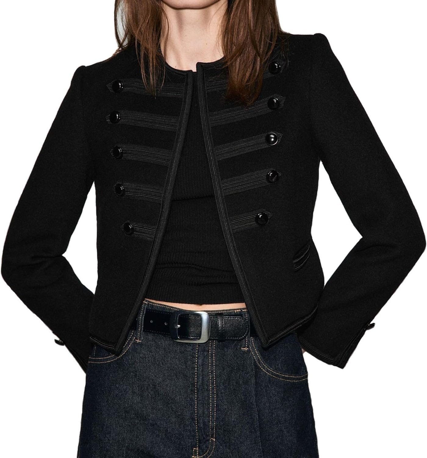 Women's Steampunk Military Jacket Wool Blend Napoleon Style Crew Neck Button Design Casual Blazer