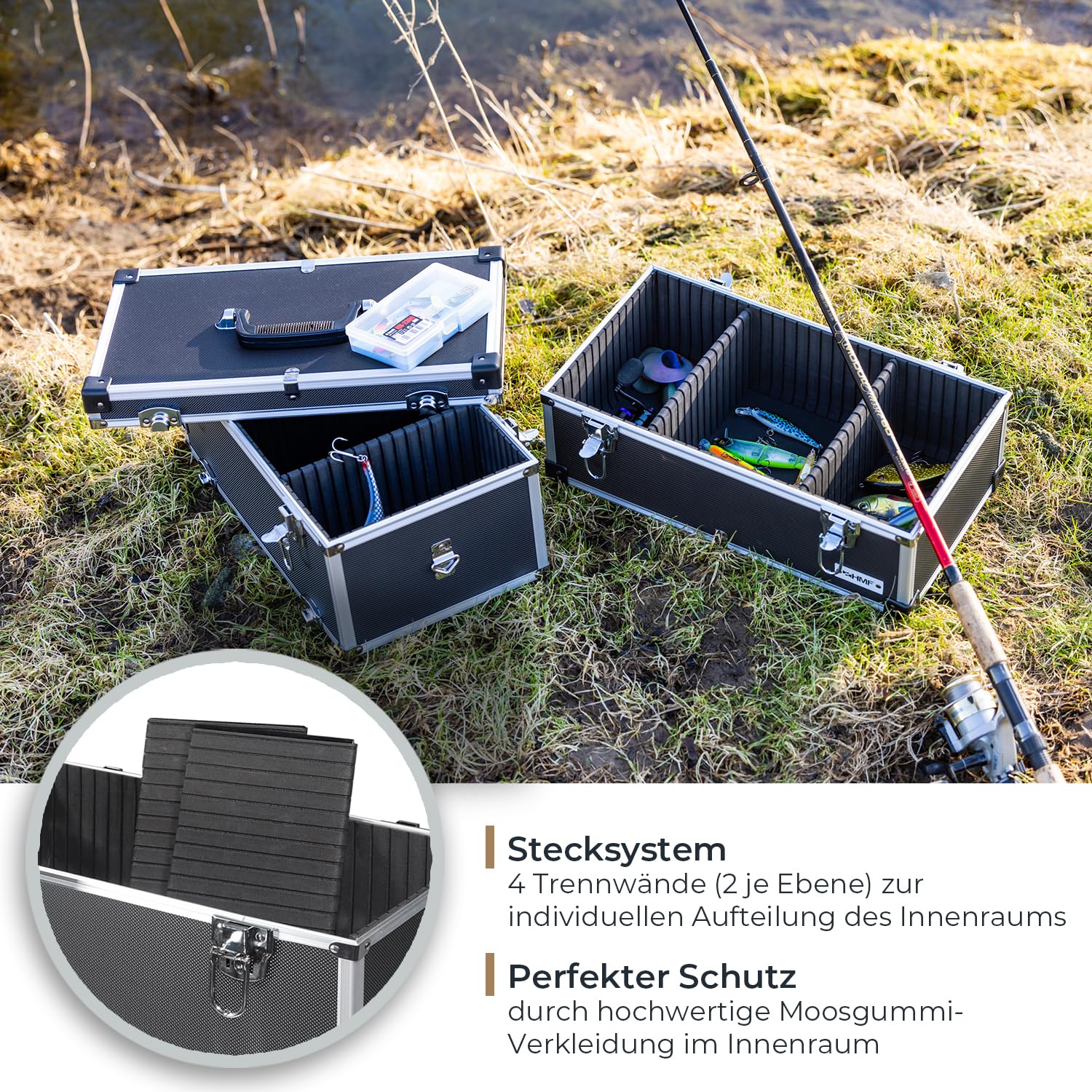 HMF 14660-02 Alu Werkzeugkoffer leer, 2 Etagen, 44 x 32,5 x 24 cm, schwarz