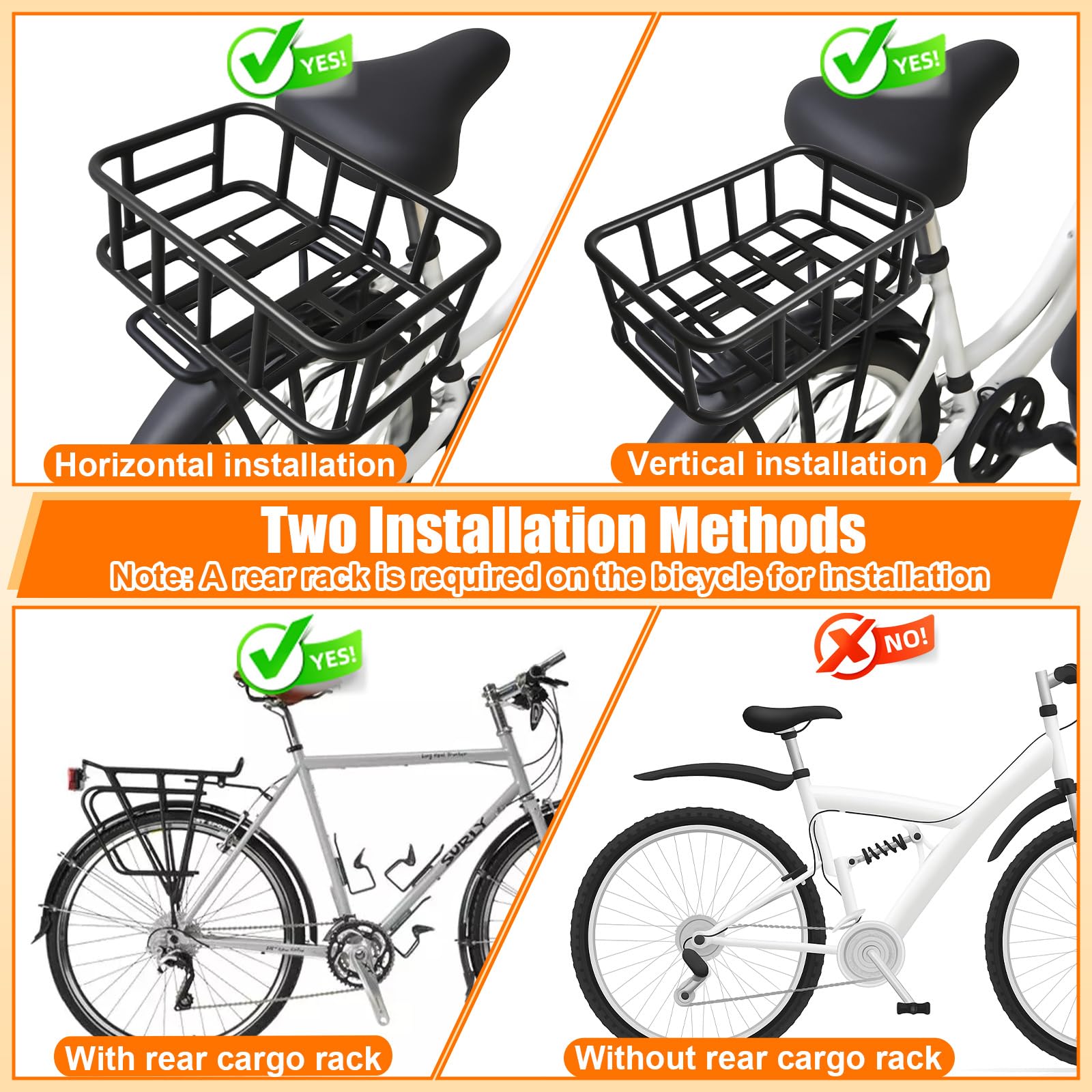 Fahrradkorb Hinten aus Metall mit Innentasche, Gepäckträgerkorb für Einkauf Reisen Haustiere und Lebensmittel, Universeller Transportkorb für Fahrrad Gepäckträger, Passend für Fahrräder und E-Bikes