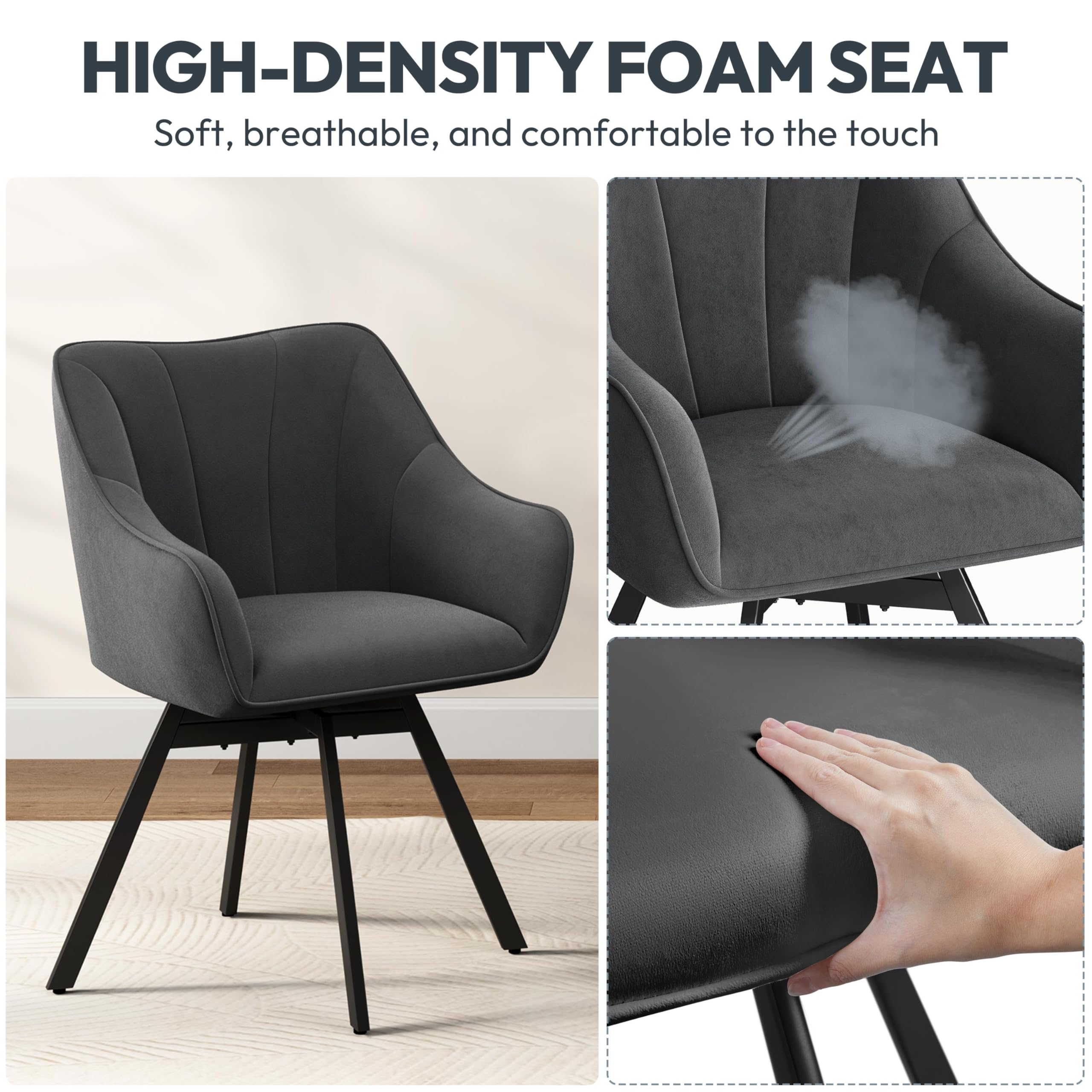 Yaheetech Swivel Dining Chair with Armrests and Backrest, Modern Velvet Side with Metal Legs and Rotating Seat,Kitchen Chair for Dining Room,Living Room,Bedroom,Office,Gray — view 3