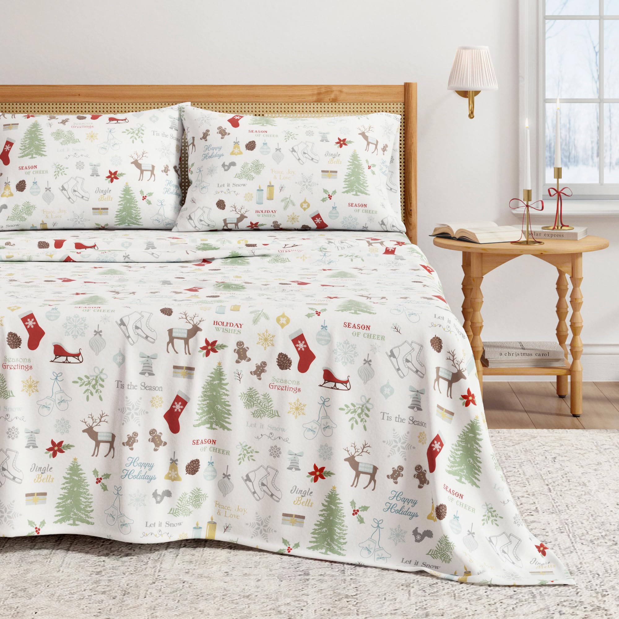 Great Bay Home Christmas Flannel Sheet Set Full Size - 100% Turkish Cotton, Double-Brushed, Winter Bed Sheets - Ultra-Soft, Cozy, 4-Piece Holiday Bedding Set (Holiday Time) — image 1