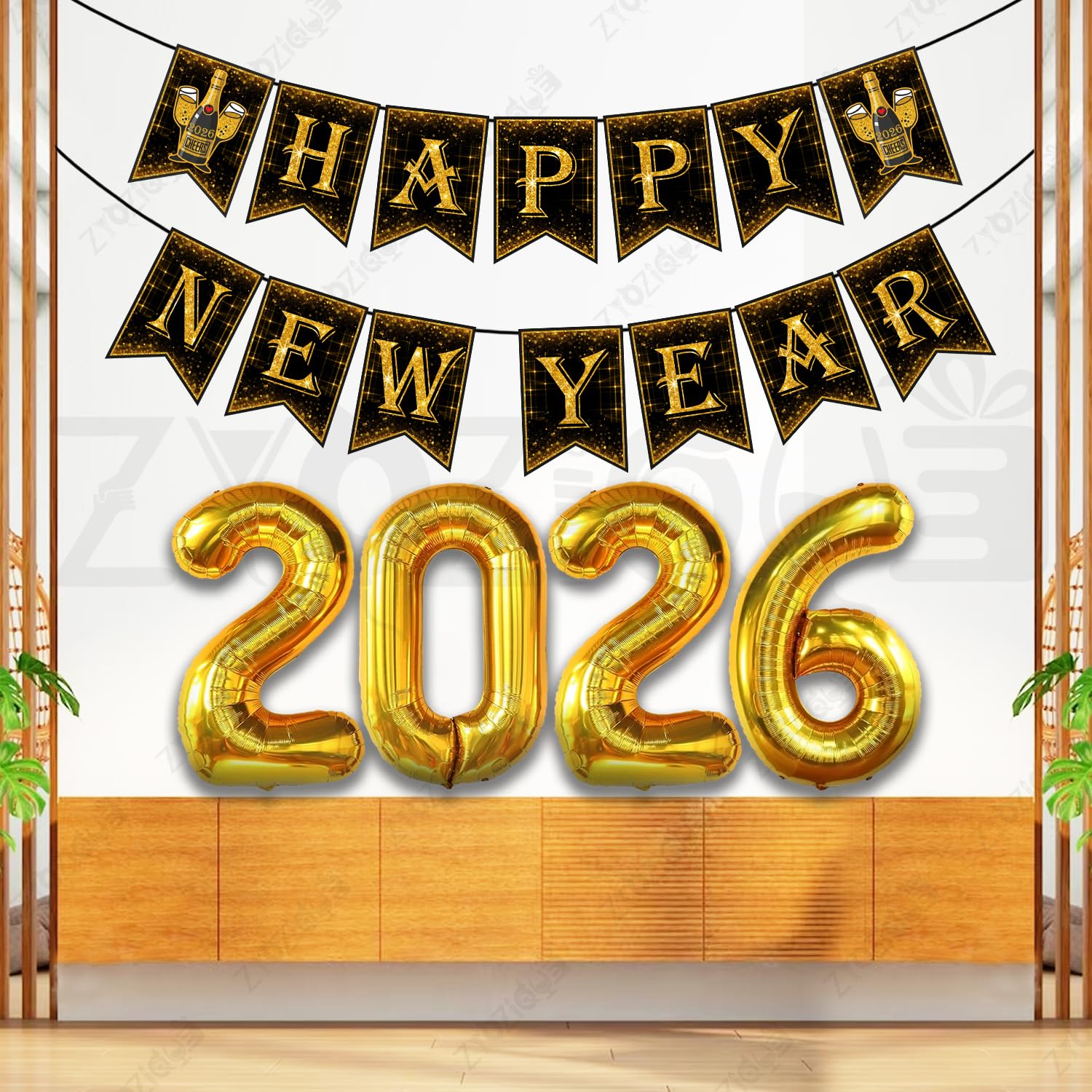 Zyozique® Happy New Year 2026 Decorations Set, Black & Gold Paper