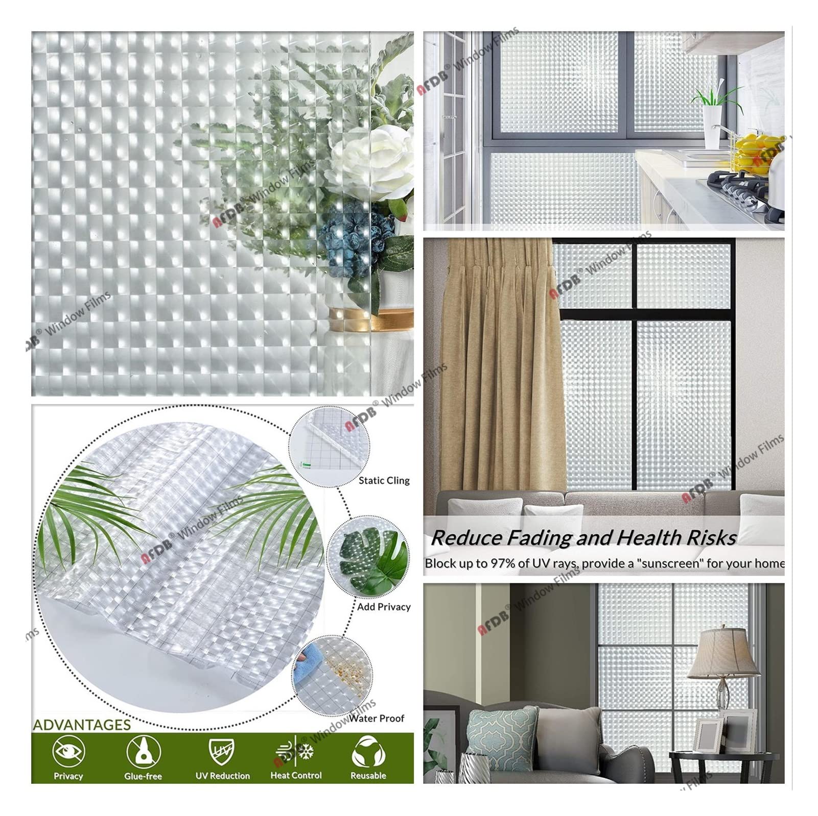 Fensterfolie, gebeizte, dekorative Fensterfolie, mattiert, nicht klebend, statisch haftend, Vinyl-Glasfolie, UV-blockierend, entfernbar (J,75 x 100 cm)