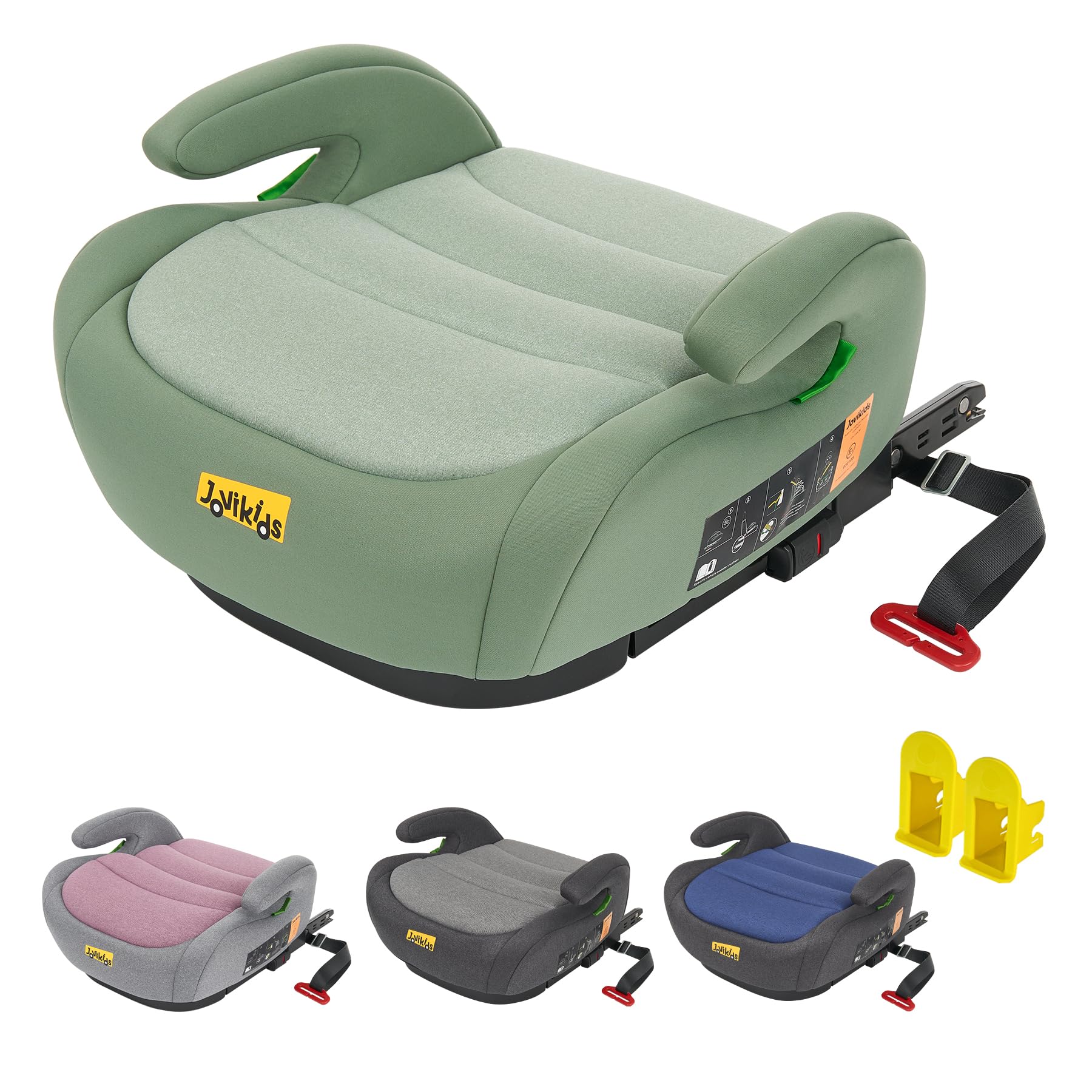 Jovikids Sitzerhöhung Auto Kinder ISOFIX, ECE R129 Kindersitzerhöhung 125-150cm, Verdickter Stoffbezug & Isofix Einführhilfe, Leicht Waschbar (Hellgrün Kein Becherhalter, Sitzhöhe 17 cm)