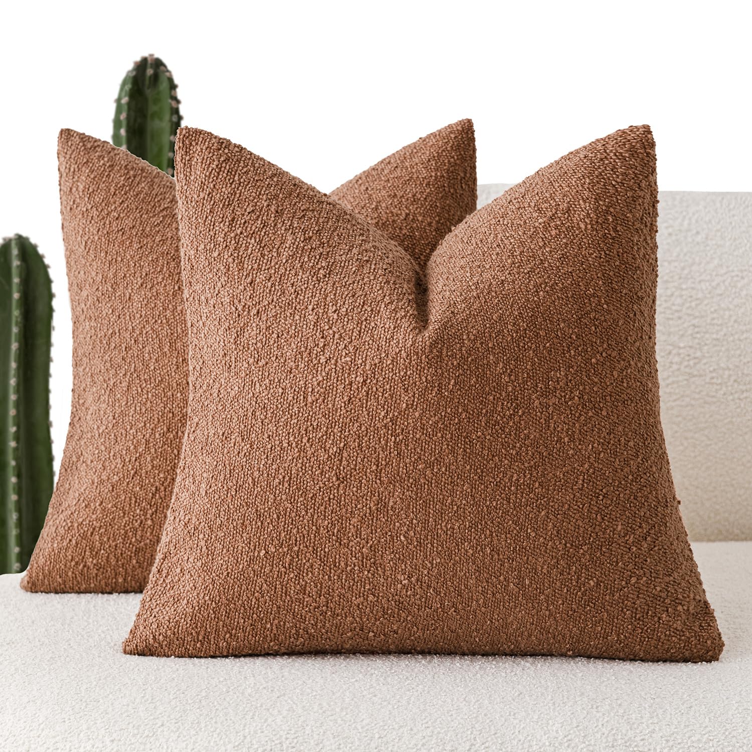 Foindtower Set of 2, Decorative Textured Boucle Throw Pillow Covers Accent Solid Pillow Cases Neutral Couch Cushion Case for Chair Sofa Bedroom Living Room Home Decor 26x26 Inch Burnt Orange Hazel — image 1