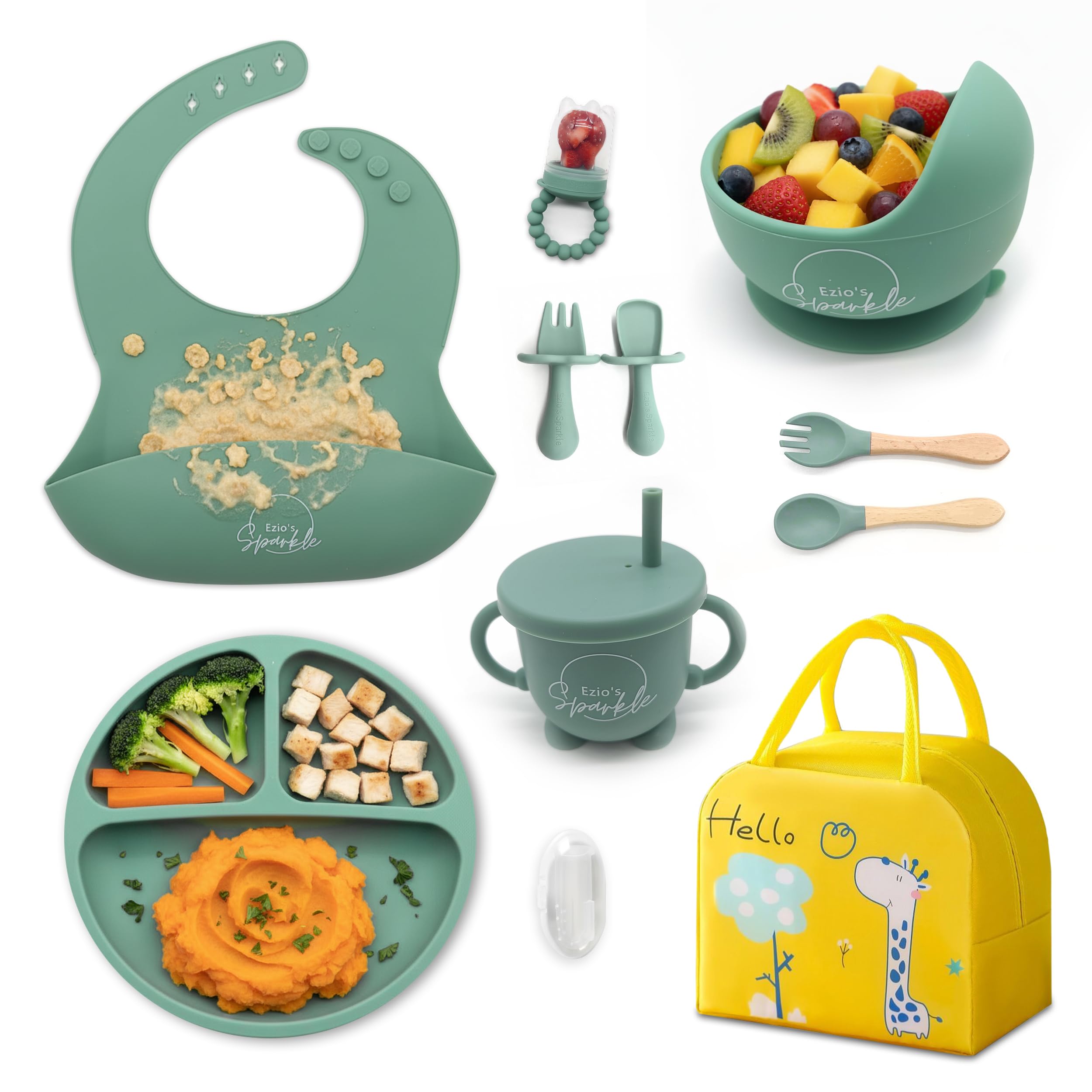 12-Piece Baby Weaning Set with Insulated Lunch Bag – BPA-Free Silicone Strong Suction Divided Plate, Bowl, Spoon, Fork, Bib w/Catcher–Microwave & Dishwasher Safe Baby Feeding Set-Baby Gifts - Green