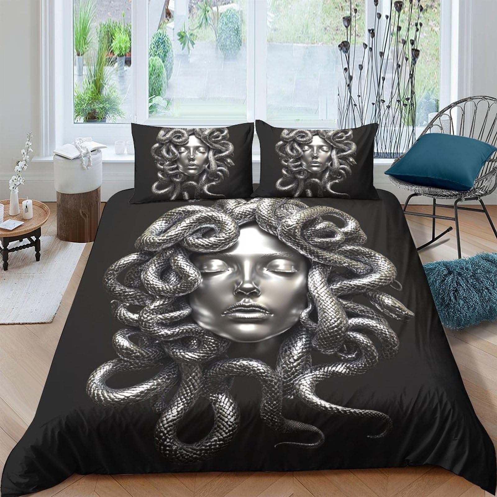 Ctjqhvkz Style-3 3D Printed Medusa Art Fitted Sheet Microfiber Black Snake Head Mattress Cover For Bedroom Guest Room Decor Single（135X200cm）