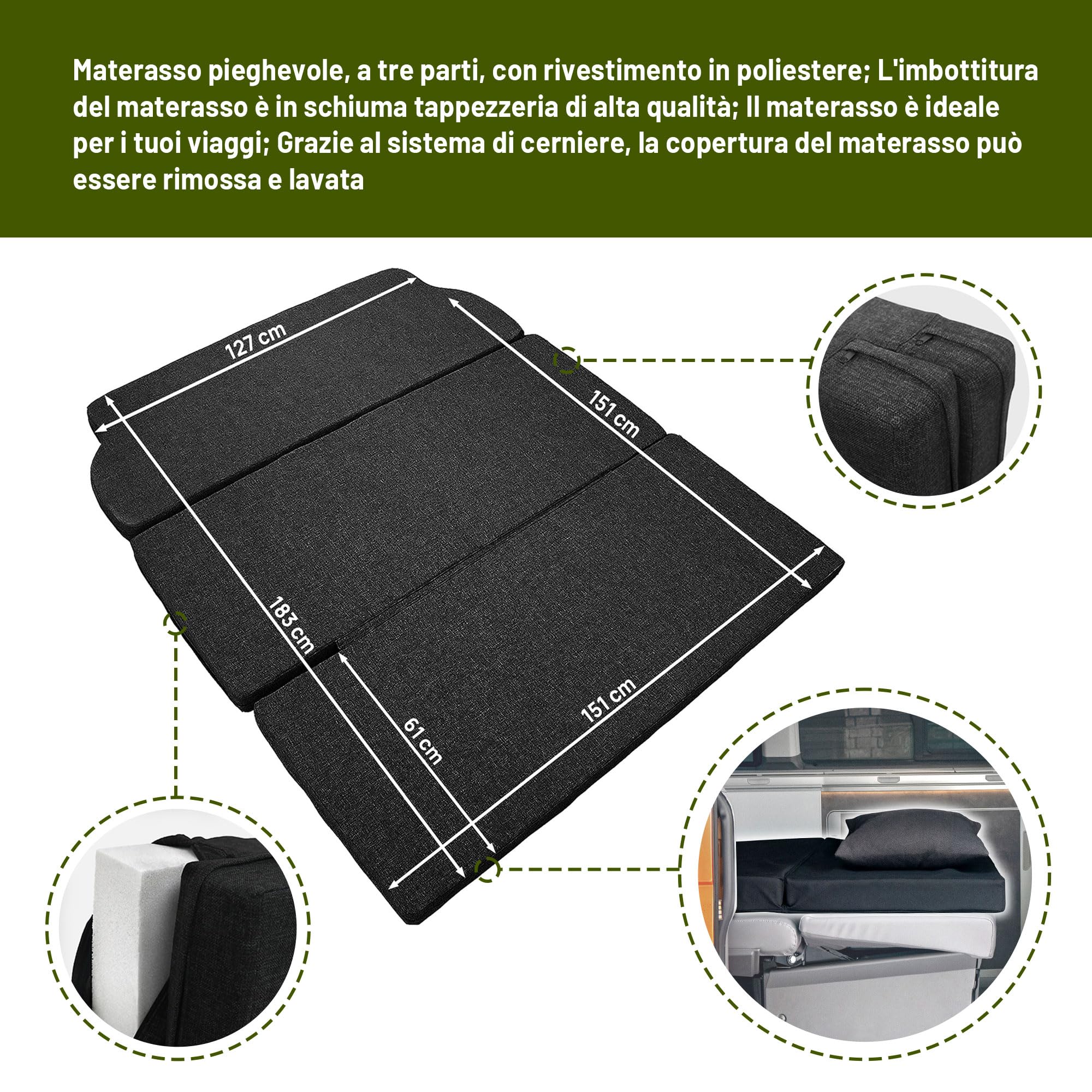 CHROMEMASTER | Compatibile con VW T6.1 2019+ Multivan; Set: Letto Pieghevole per Auto e Materasso per Auto, Materasso Pieghevole; Prolunga del Letto Multiflexboard, Tavolo; Accessori per Il Camper