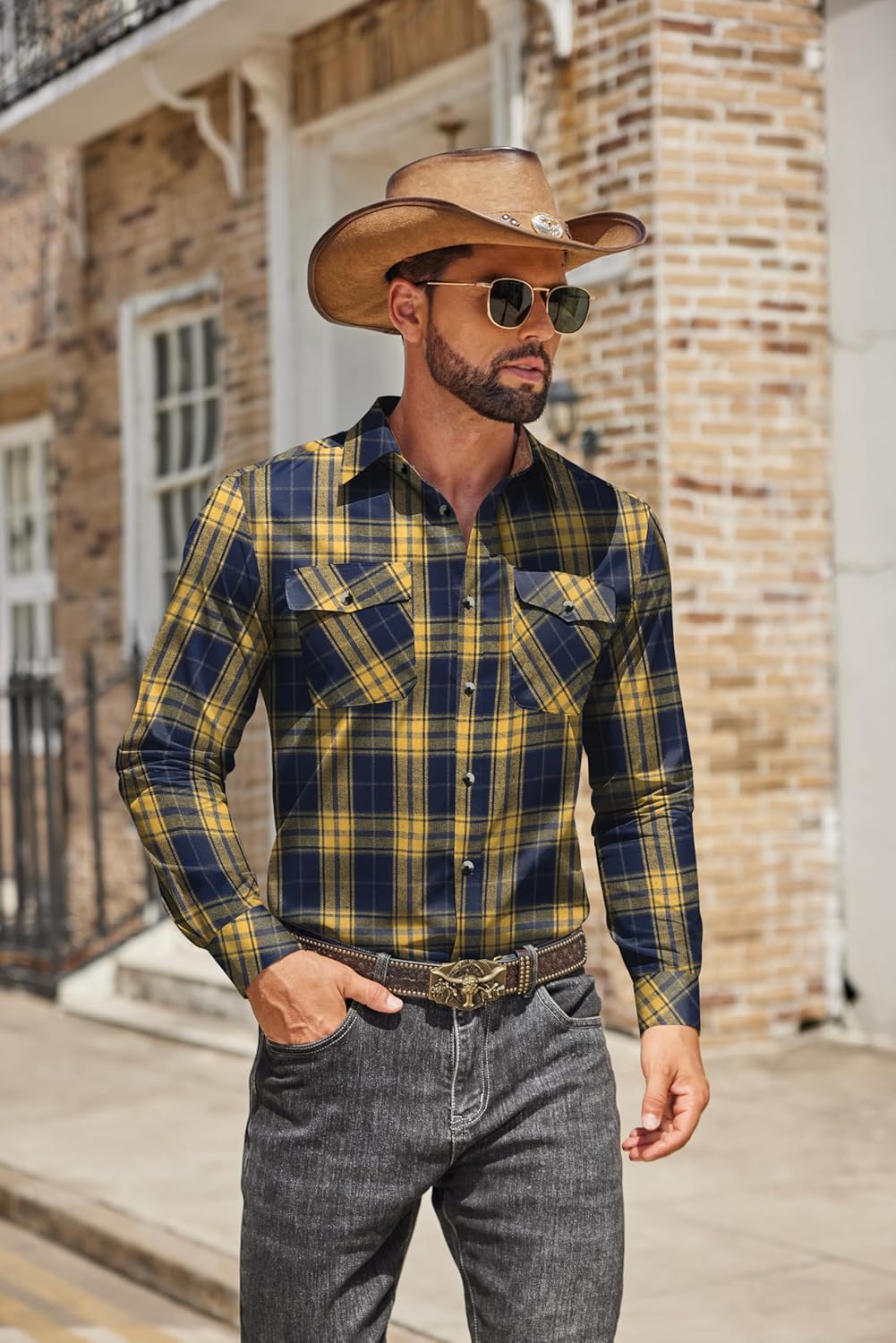 COOFANDY Men's Fall Plaid Button Down Shirt Long Sleeve Casual Cowboy Work Shirts Lightweight Flannel Shirts Two Pocket - Image 8