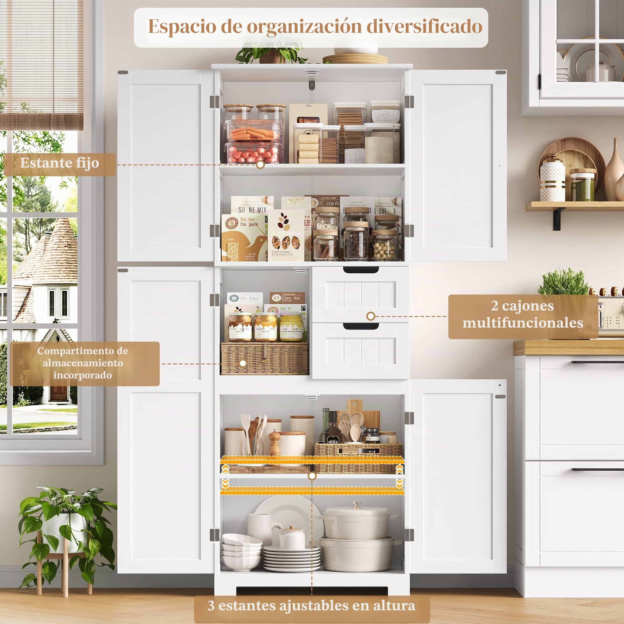 HOCSOK Armario alto de baño con 4 puertas y 2 cajones, armario de cocina alto para salón, cocina, comedor, oficina, 164,5 x 60 x 30 cm, color blanco