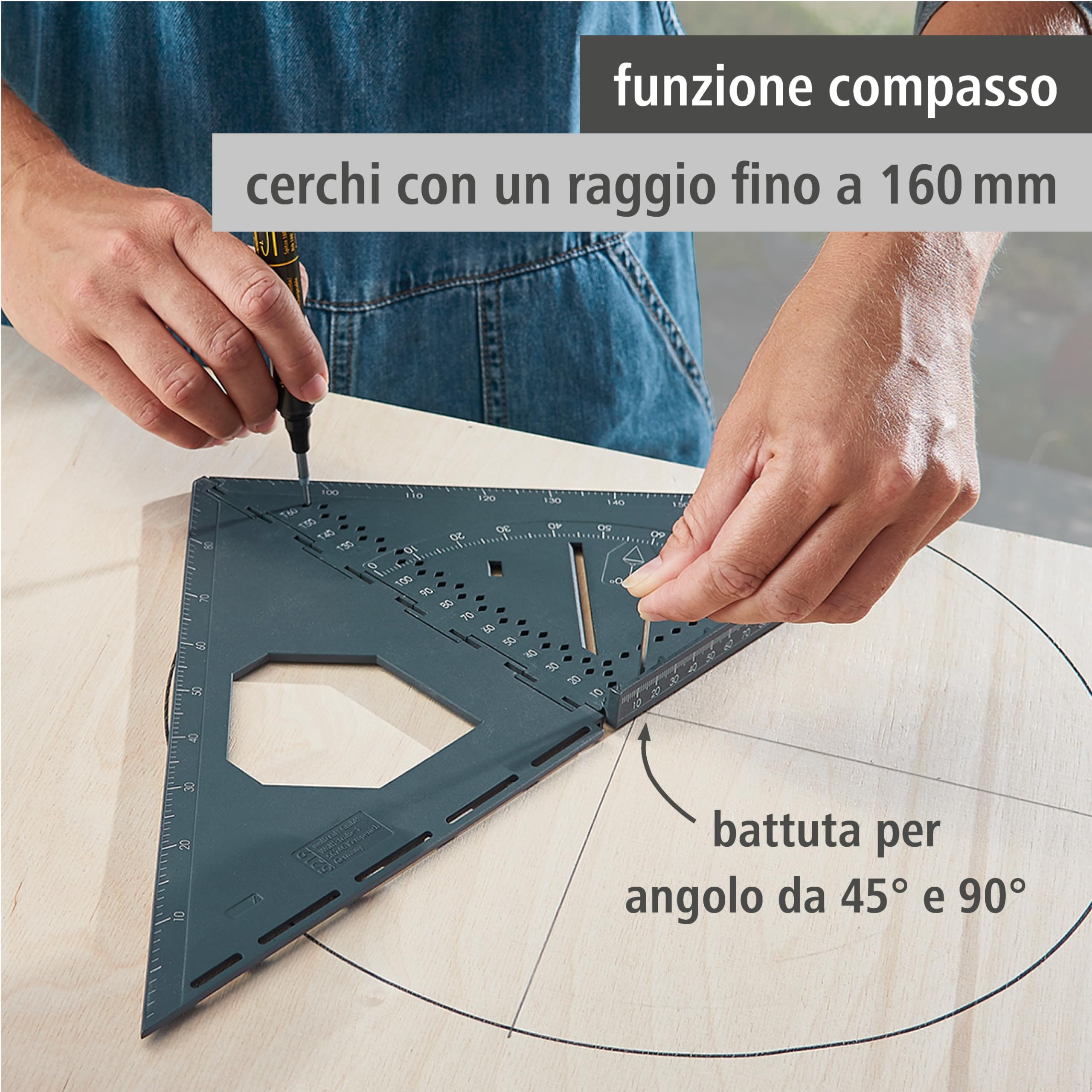 wolfcraft VARIO 3D PRO Squadra Pieghevole per Misurare e Marcare, per Superfici e Pezzi Tridimensionali con Scala 0–180°, Ricerca Centro, Filo a Piombo e Funzione Compasso – 5219000