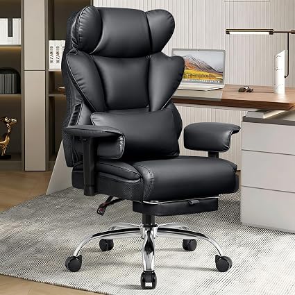Big and Tall Office Chair - Heavy Duty 400 LBS Executive Chair with Lumbar Support & Foot Rest, High Back Ergonomic Desk Chair, Padded Wide Seat Gaming Chair, Adjustable Armrests, Black