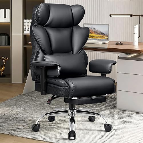 BESTFAIR Big & Tall Ergonomic Office Chair with Footrest & High Back, Black | 400 LBS Heavy Duty Oversized Leather Desk Chair, Lumbar Support for Prolonged Sitting, 23.6" Padded Wide Seat Adjustable Arms