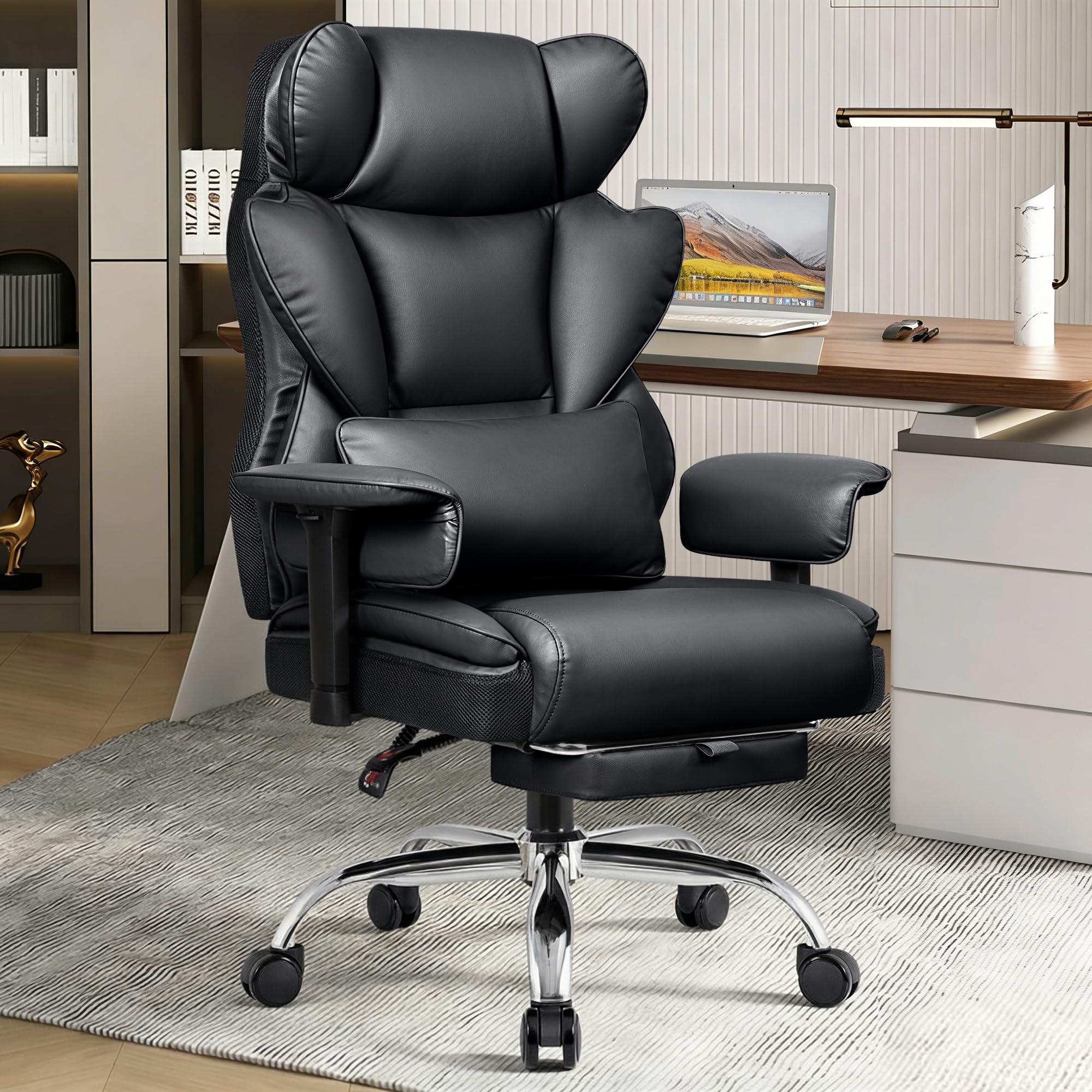 Big and Tall Office Chair - Heavy Duty 400 LBS Executive Chair with Lumbar Support & Foot Rest, High Back Ergonomic Desk Chair, Padded Wide Seat Gaming Chair, Adjustable Armrests, Black