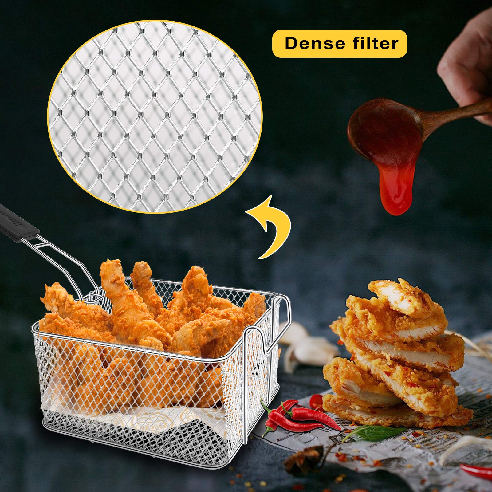 Pentolino Friggitrice con Cestello in Acciaio Inox, Friggitrice a Olio 2.5 L con Filtro Maglia e Pinza, Contenitore per Friggitrice, Adatto per Friggere, Filtrare Olio 20x10.5cm