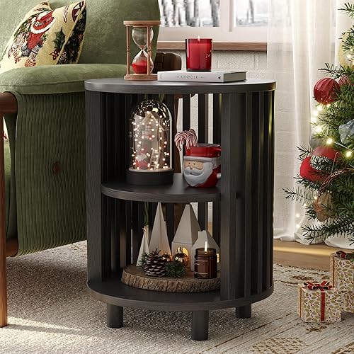 Miniatura 13 de Mesa auxiliar redonda, mesas auxiliares de madera, mesita de noche moderna de mediados de siglo con almacenamiento de 2 niveles, mesita de noche