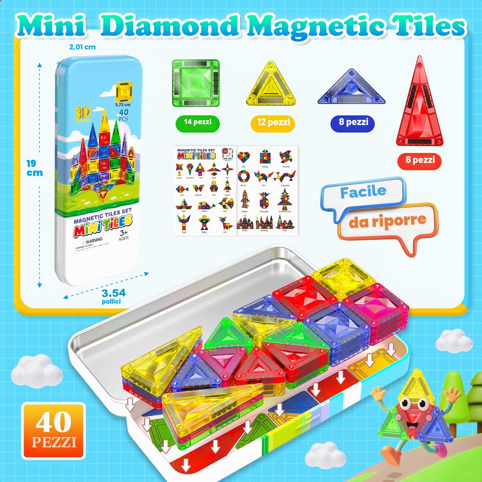 Magnetopia Mini Magnetic Building Blocks 40 Pezzi - Set Viaggio con Scatola Metallica, Animali e Veicoli, Giocattolo Magnetico Creativo per Bambini 3, 4, 5, 6, 7, 8 Anni, Perfetto da portare in giro