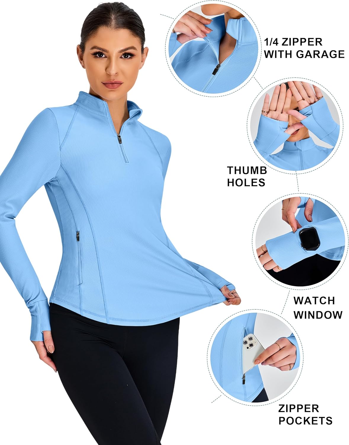 BMJL Womens Long Sleeve Workout Tops UPF 50+ Sun Protection 1/4 Zip Ribbed Shirt Hiking Pullover with Pockets - Image 4