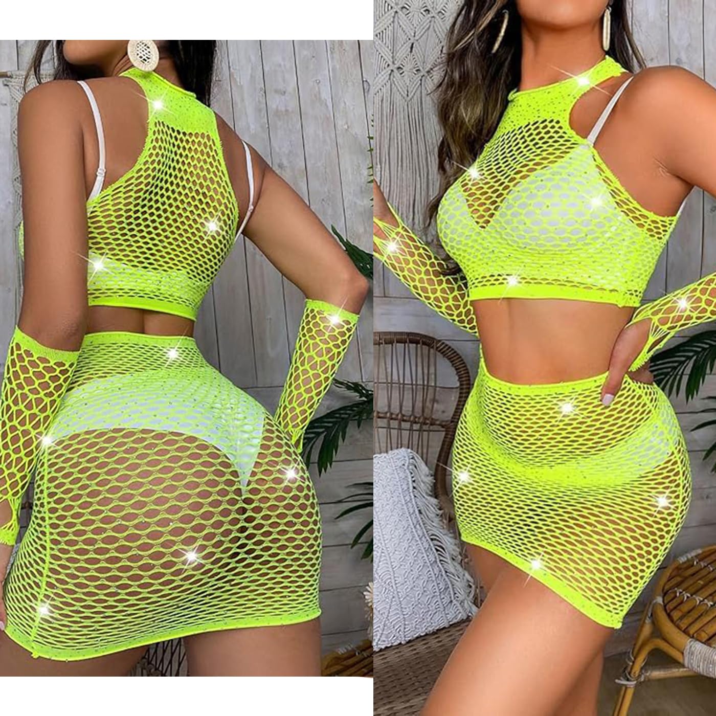 ZWCHGJ Mini sukienka Rhinestone Kabaretki Body Siateczkowa obcisła sukienka z wycięciem Świecąca sukienka klubowa Teddy Bielizna nocna