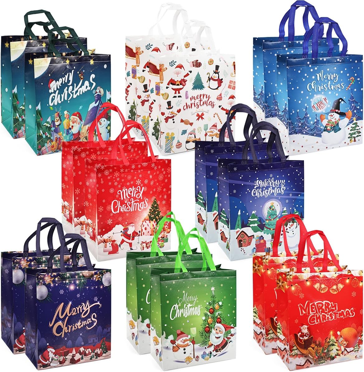PARSUP 16PCS Christmas Gift Bags with Handles, Non-Woven Large Christmas Bags for Treat Gifts Wrapping Shopping, Xmas Party Supplies, 15×13.8×5.9inch