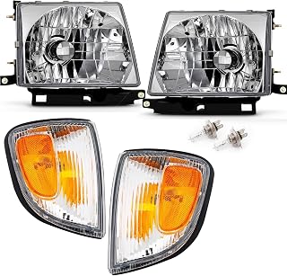 4Pcs Chrome Headlights + Parking Lights Corner Lamps Assembly Fits 1997 1998 1999 2000 Toyota Tacoma Halogen Head Lights, Clear Lens Lights Replace# TO2503120, TO2502120, TO2521154, TO2520154
