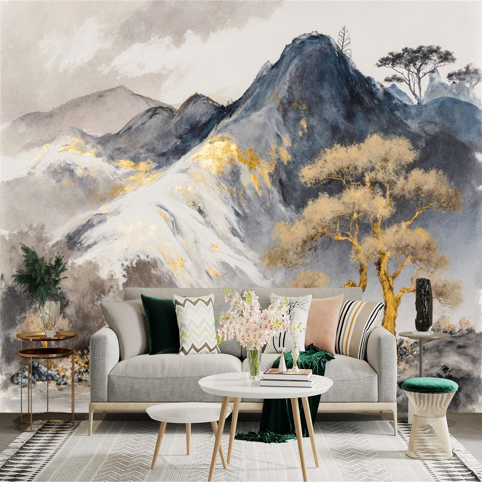 Lnzczhyre Xc260505459 Custom Size Wall Sticker Mural， Abstract Gold Leaf Mountain Landscape， Golden Pine Tree And Misty Hills， For Wall Decoration， Peelandstick Wall Decals.