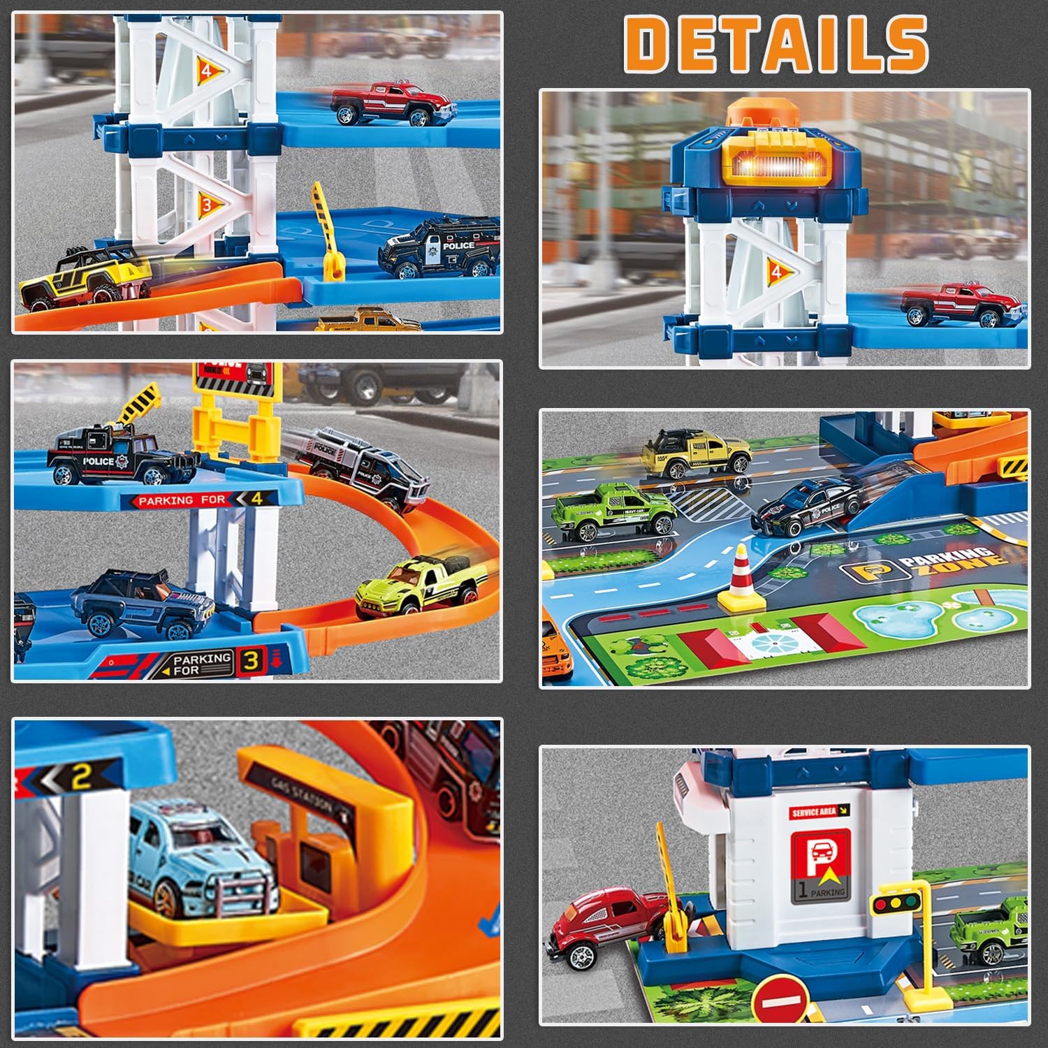 Dollox Parking Garage Toy Playset, Race Car Ramp Track Toys Sets Garage Playset with 6 Little Alloy Racer Cars Adventure Track, 3 Parking Levels Christmas Birthdays Gifts for Age 3 4 5 6 7 Boys Girls