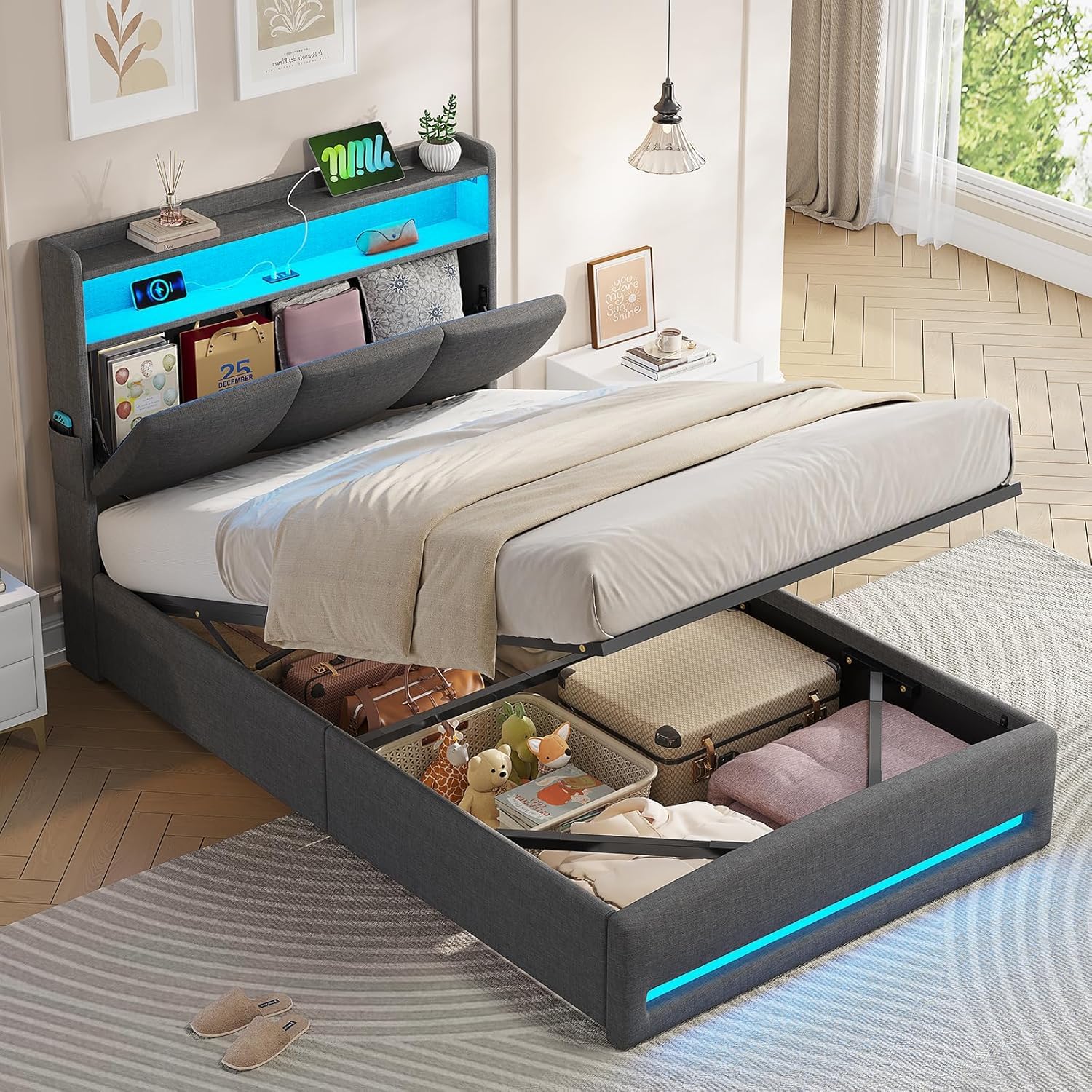 AOGLLATI Single Ottoman Bed 90x190 cm, 3ft Single Bed Frame, Dark Grey