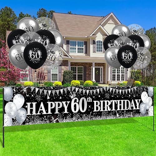Miniatura 2 de Decoraciones de feliz cumpleaños 60, pancarta negra y plateada, letrero de patio, globos de 18 piezas para hombres y mujeres, fiesta de cumpleaños